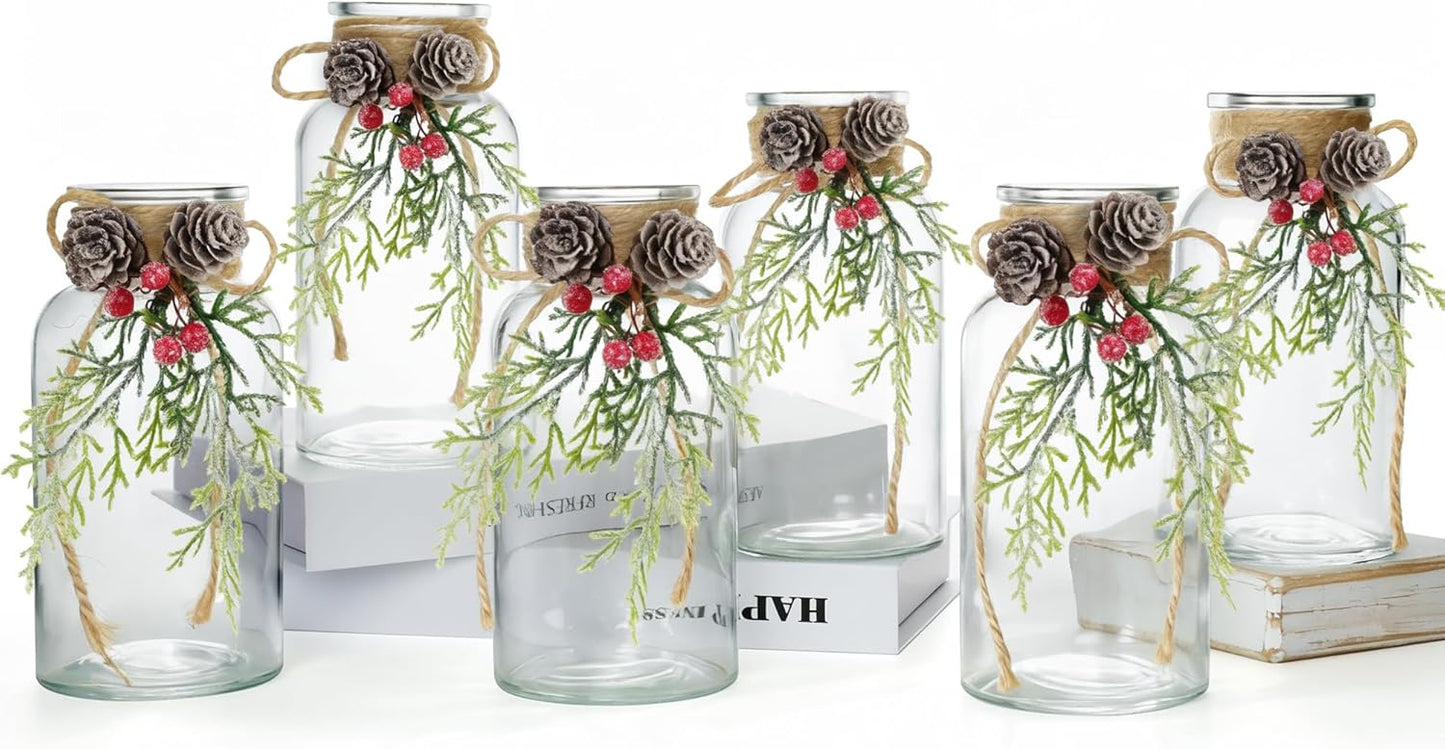 Set of 6 Xmas Decor Vases Christmas Centerpieces for Tables Farmhouse Holiday Table Decor Clear Glass Vases with Twine Ties for Christmas Decorations
