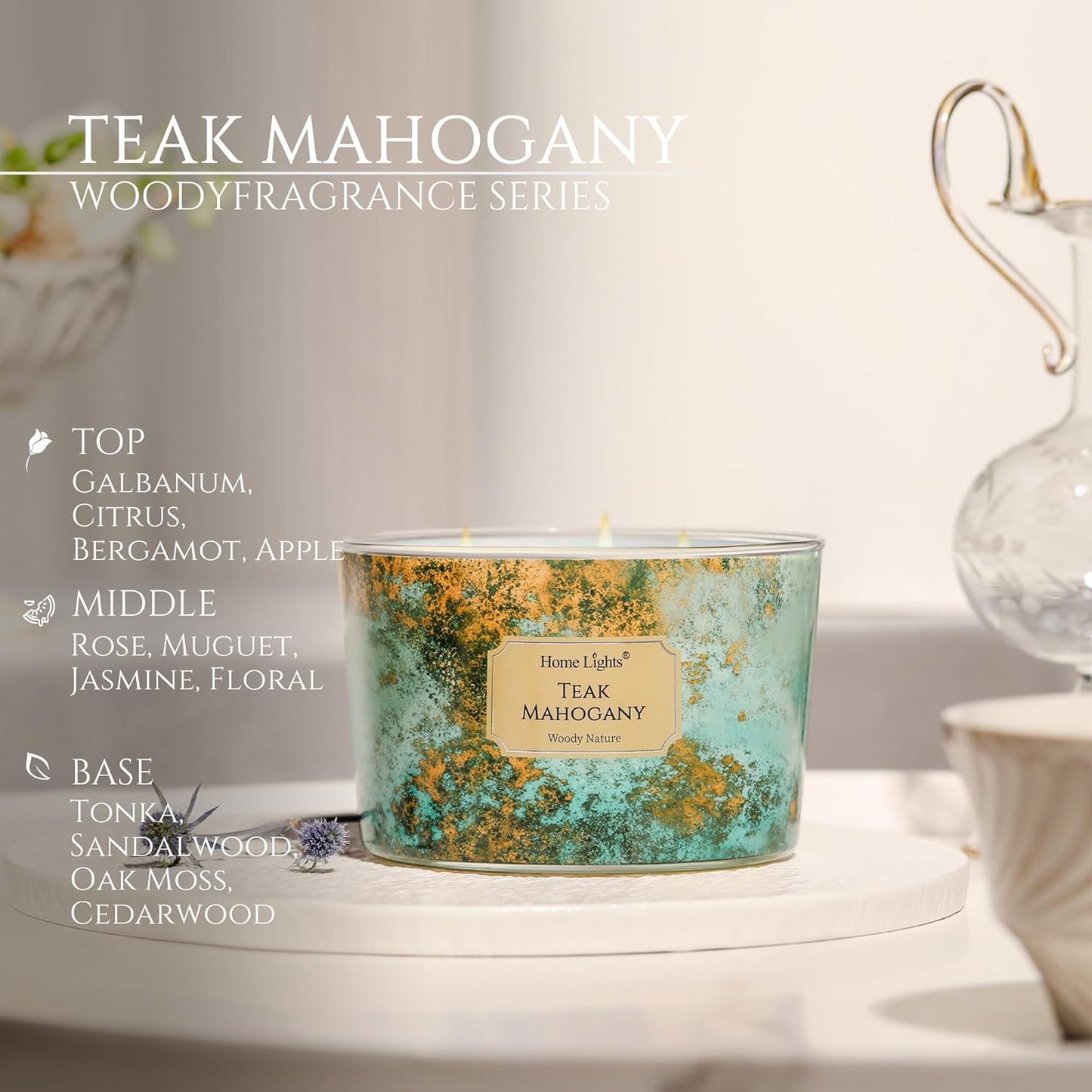 HomeLights Large jar Candle | 4-Wick Long-Lasting Scented Candles, 18oz Natural Soy Wax Candle for Home Scented, Industrial Chic Gifts for Women & Men, Teak Mahogany