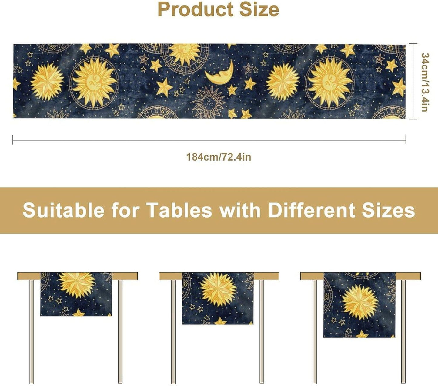 Sun Moon Table Runner, Boho Starry Sky Table Runners for Dinner Holiday Party Wedding Kitchen Golden Stars, 13x120 Inch