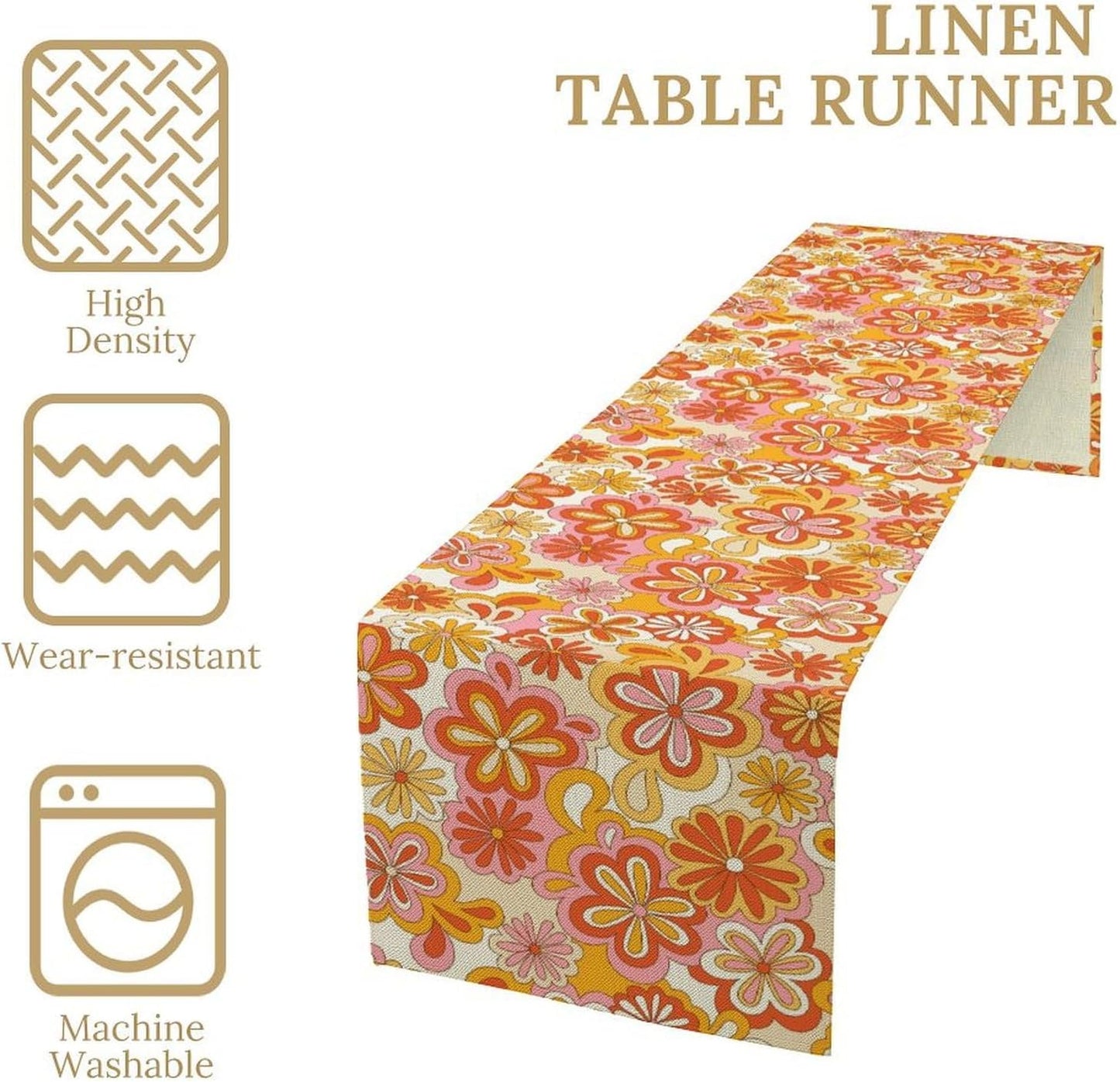 Vintage Floral Table Runner,70s Style Retro Daisies Flower Hippie Table Runner for Kitchen Dining Table Home Party Decoration 13x72 Inch