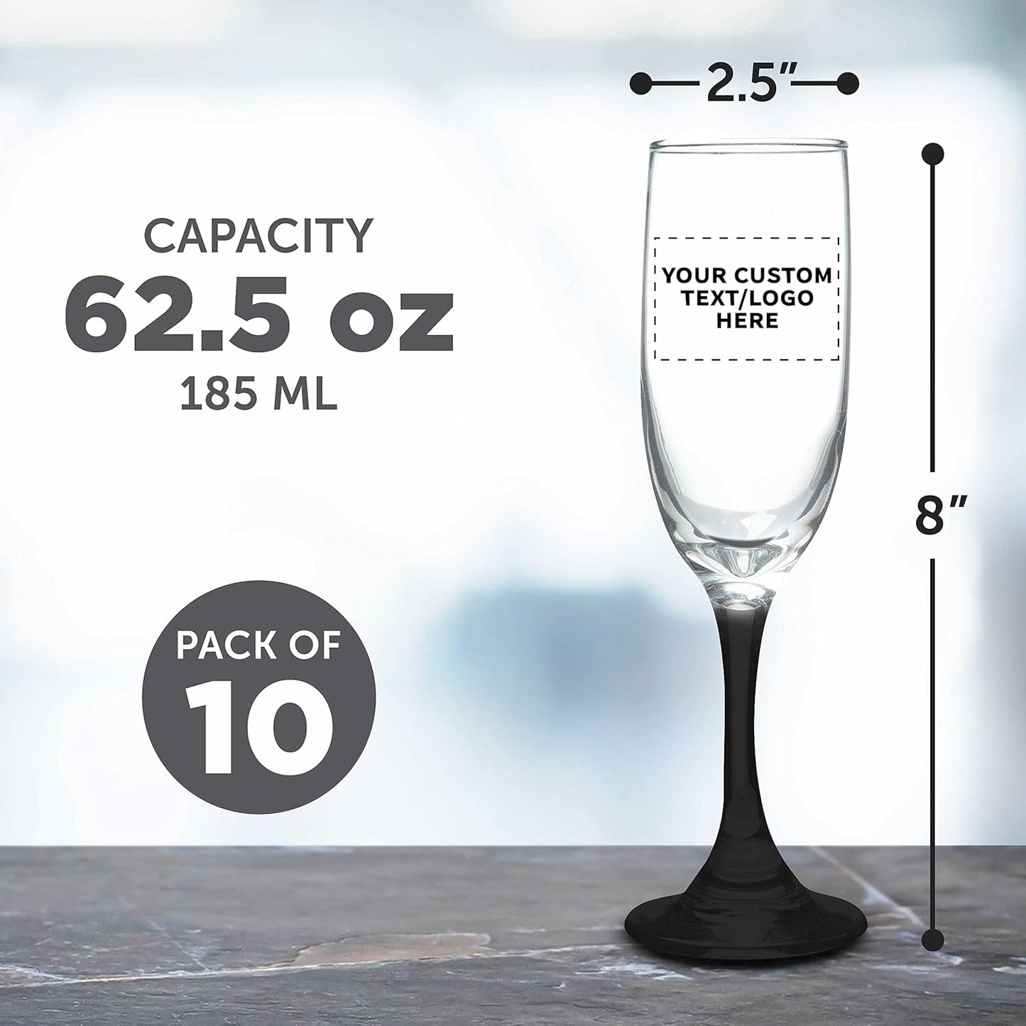 DISCOUNT PROMOS Custom Premiere Champagne Flutes 6.25 oz. Set of 10, Personalized Bulk Pack - Elegant Drinkware for Weddings, Events, & Promotional Gifts - Black