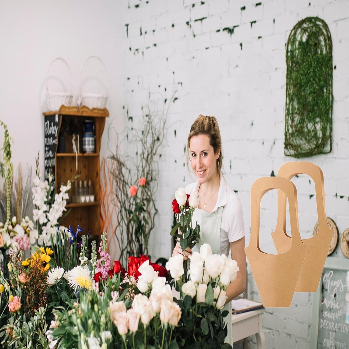 50Pcs 16.5" Kraft Paper Bouquet Bags with Handle, Florist Gift Wrapping Supplies Kit Includes Decorative Lace Ribbon, Floral Tape, Shears for Flower Arranging, Wedding, Party Decor