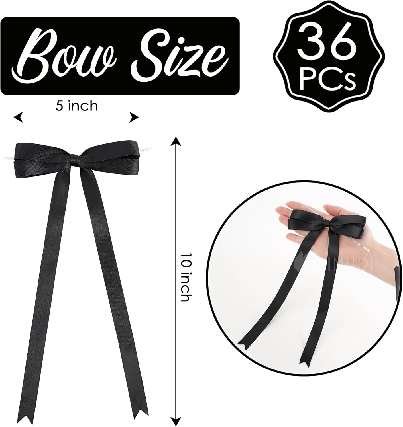 AIMUDI Black Bow 5 × 10" Satin Bow for Gift Wrapping Twist Tie Bows Premade Ribbon Bows for Bouquets Invitations Baskets Crafts Wreaths Wedding Birthday Baby Shower Party Decorations, 36 PCs