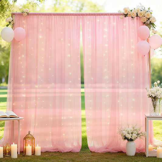10×8ft Tulle Backdrop Curtains with Lights String - 300LED Fairy Lights Sheer Curtain Backdrop for Weddings Baby Shower and Birthday Party Decorations(8 Panels 5×8ft)