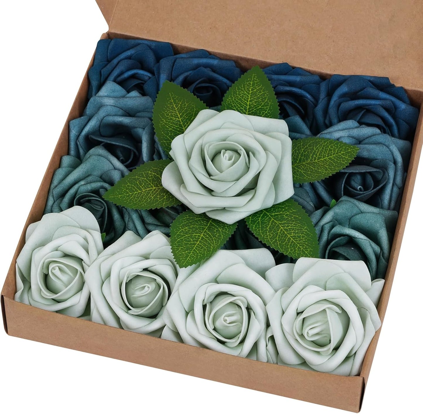 BLEUM CADE 16Pcs Artificial Flowers Fake Roses with Stems, Gradient Misty Blue Boxed Foam Roses for DIY Bouquets Centerpieces Wedding Party Arrangement Bridal Shower Decor