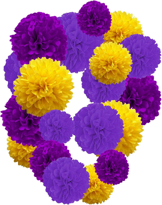 Purple and Yellow Paper Pom Poms,10",12" Tissue Pom Poms for Party Hanging Decorations - 12 PCS