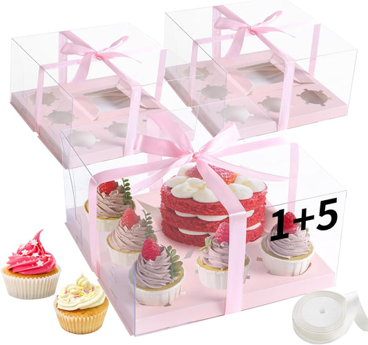 JCD 3 Packs Pink 1+5 Cupcake Containers with Gift Ribbon Cake and Cupcake Combo Bento Boxes with Clear Lid and 5 Cupcake Holes Pastry Sweets Bento Box(Pink 1+5/3Pcs)