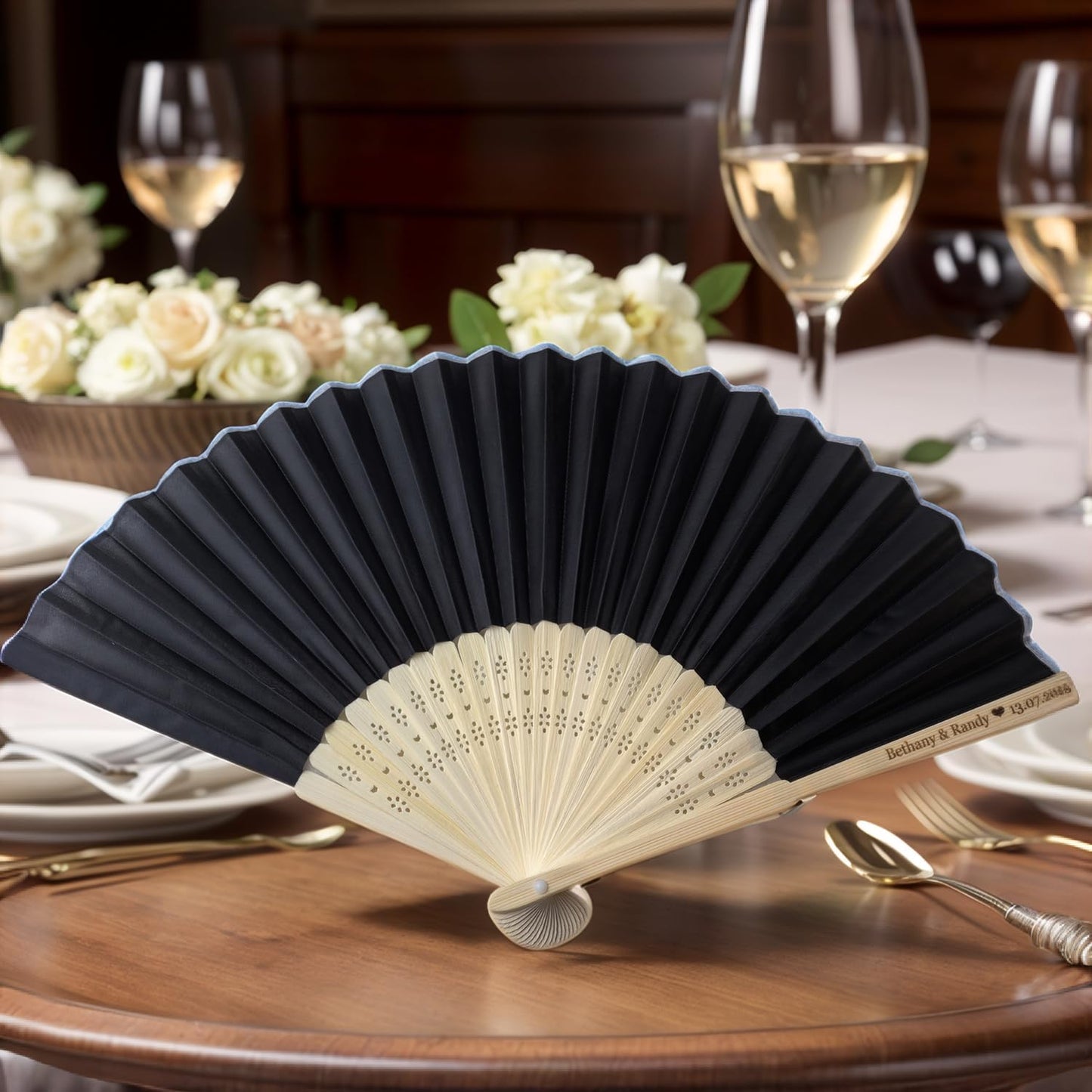 80Pcs Personalized Silk Fans Folding Hand Fan, Custom Wedding Bridal Party Favors, Summer Wedding Bride, Wedding Gift, Thank You Gift (Black)