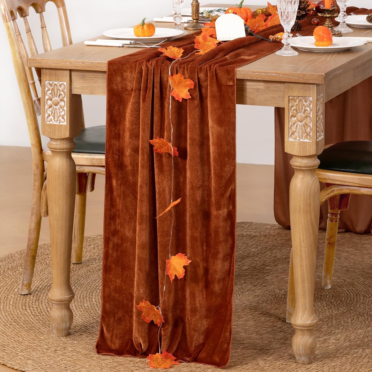 MLMC Terracotta Fall Thanksgiving Table Runner 10ft Luxury Rust Burnt Orange Velvet Table Runner Elegant Home Decor 20x120 Inches for Wedding Bridal Shower Birthday Party Home Decor