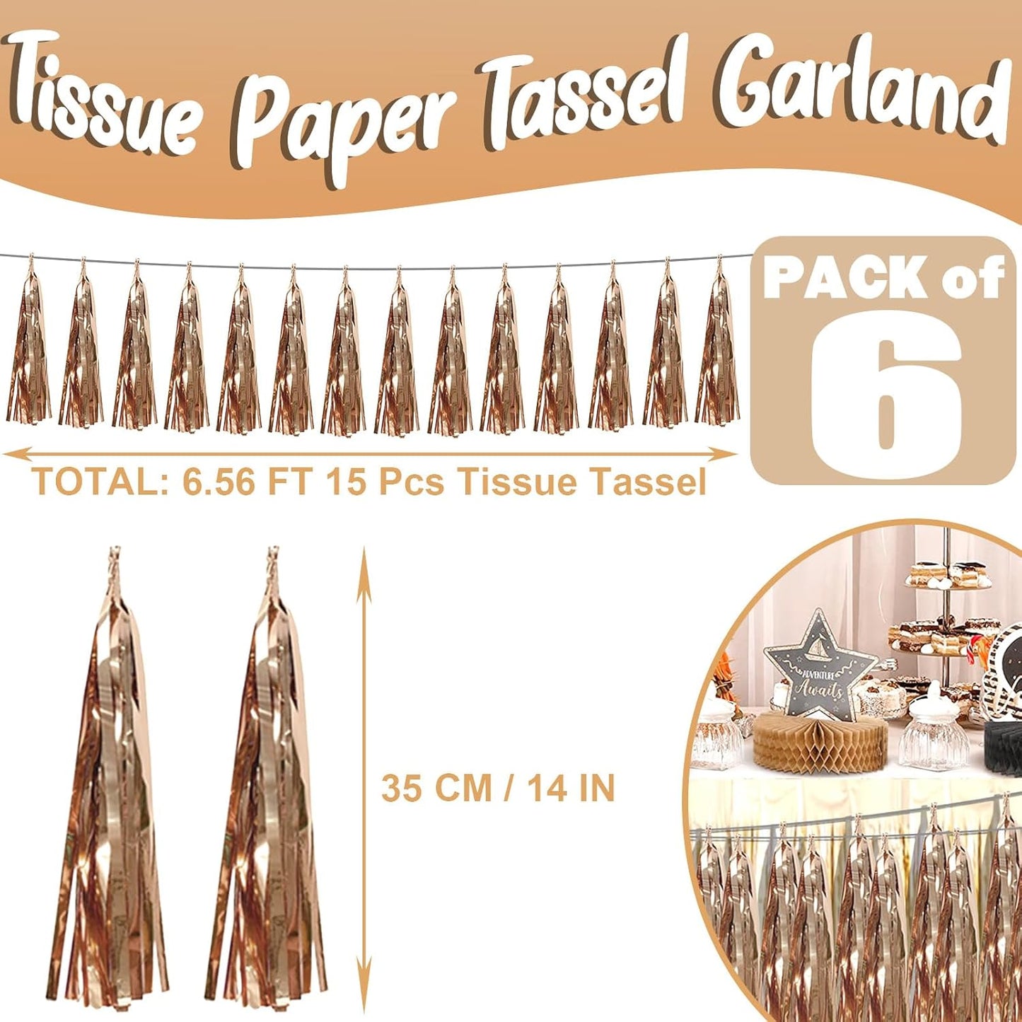 6P Champagne Gold Foil Fringe Metallic Tassel Streamers Banner Tassel Garland for Parade Floats, Bachelorette, Wedding, Birthday, Graduation, Christmas, Bridal/Baby Shower Party Decorations