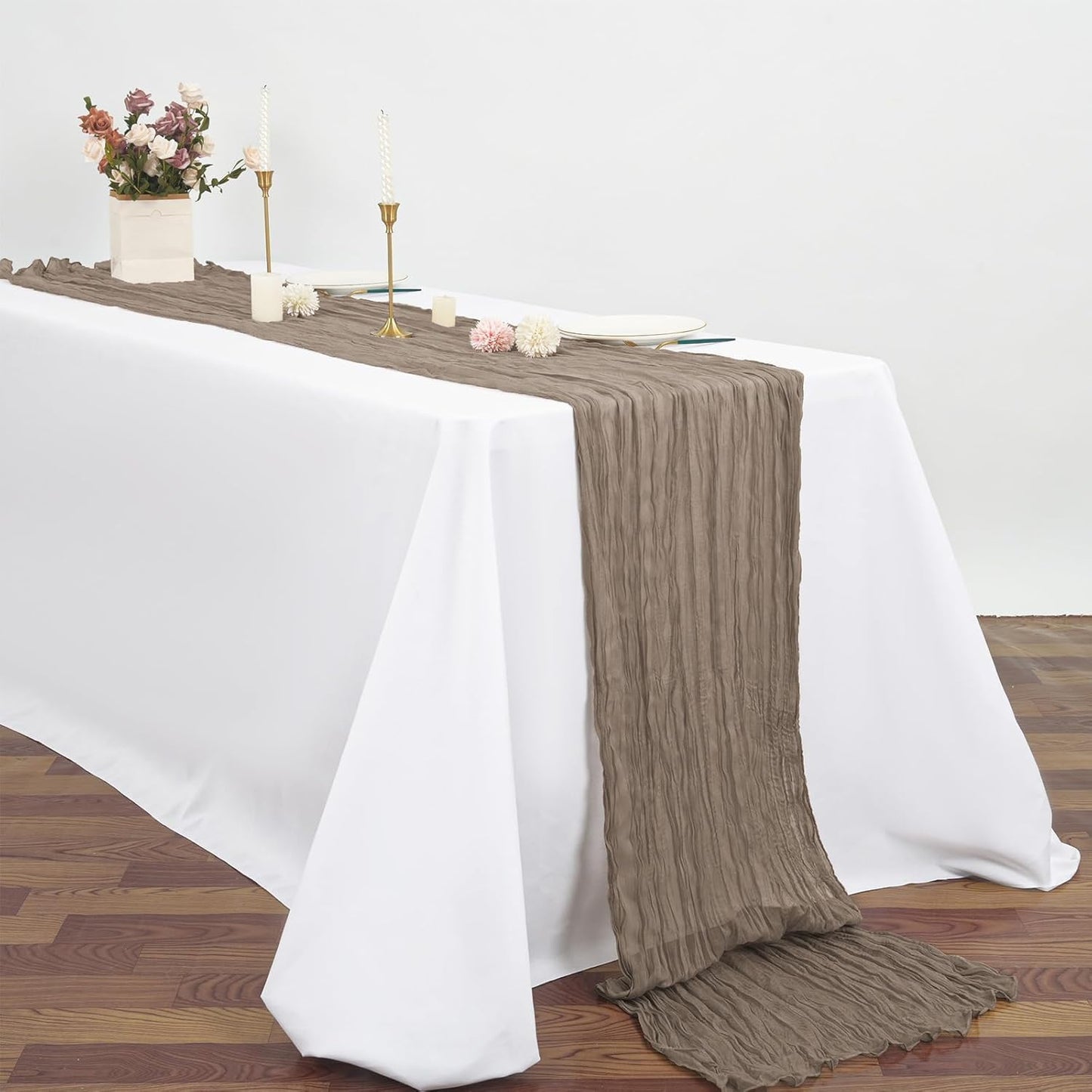 12Pcs Khaki Cheesecloth Table Runner 120 Inch10FT Nude Rustic Boho Cheesecloth Table Runnerfor Wedding Party Baby Shower Birthday Home Decor Holiday Decorations