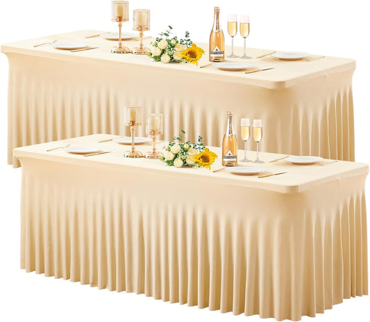 Wish Care 2 Pack Champagne Spandex Table Clothes for 6 Foot Rectangle Tables, 6FT Wrinkle Free Fitted Tablecloths Ruffles Design Table Cover for Party, Banquet, Wedding and Events