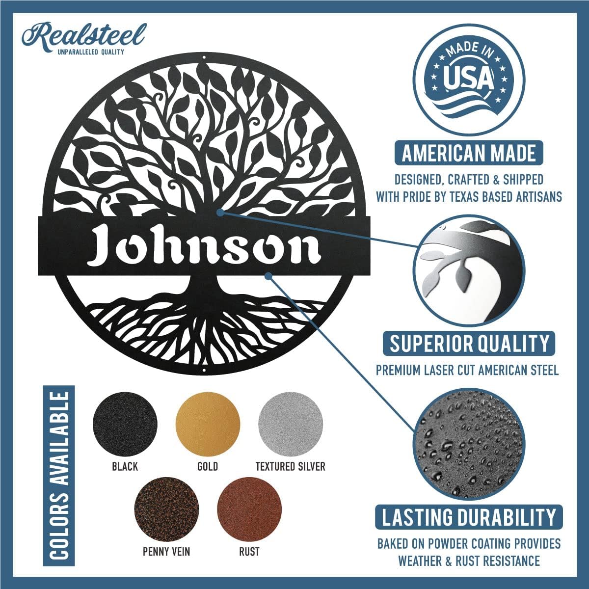 RealSteel Personalized Metal Wall Art - Custom Tree of Life Design with Family Name - Circular Metal Sign - Personalized Wedding, Anniversary, or Housewarming Gift - Black, 36"