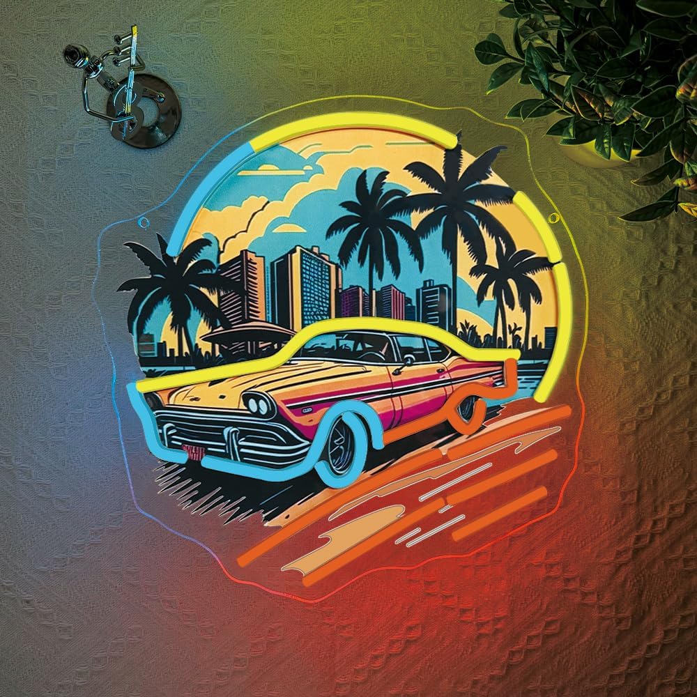 Sports Car Neon Signs for Wall Decor,Racing Car LED Signs for Bedroom,Cool UV Print Hawaiian Style Neon Sign for Boys And Girls Room,Sunset Lamp Man Cave Garage Gaming Lights Game Room Decor