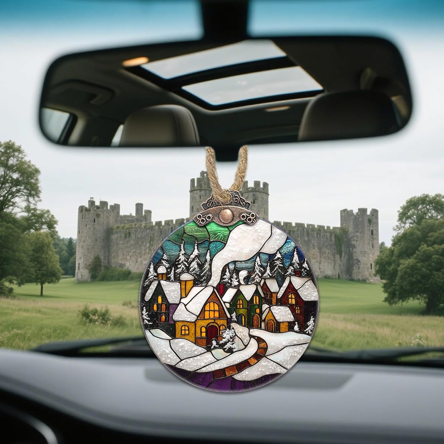 Stained Glass Christmas Decorations, Winter Snow Cabin Suncatcher for Window Christmas Tree Hanging Ornaments Retro White Sun Catcher Xmas Decor Gifts for Women Men Mom Nana Friend