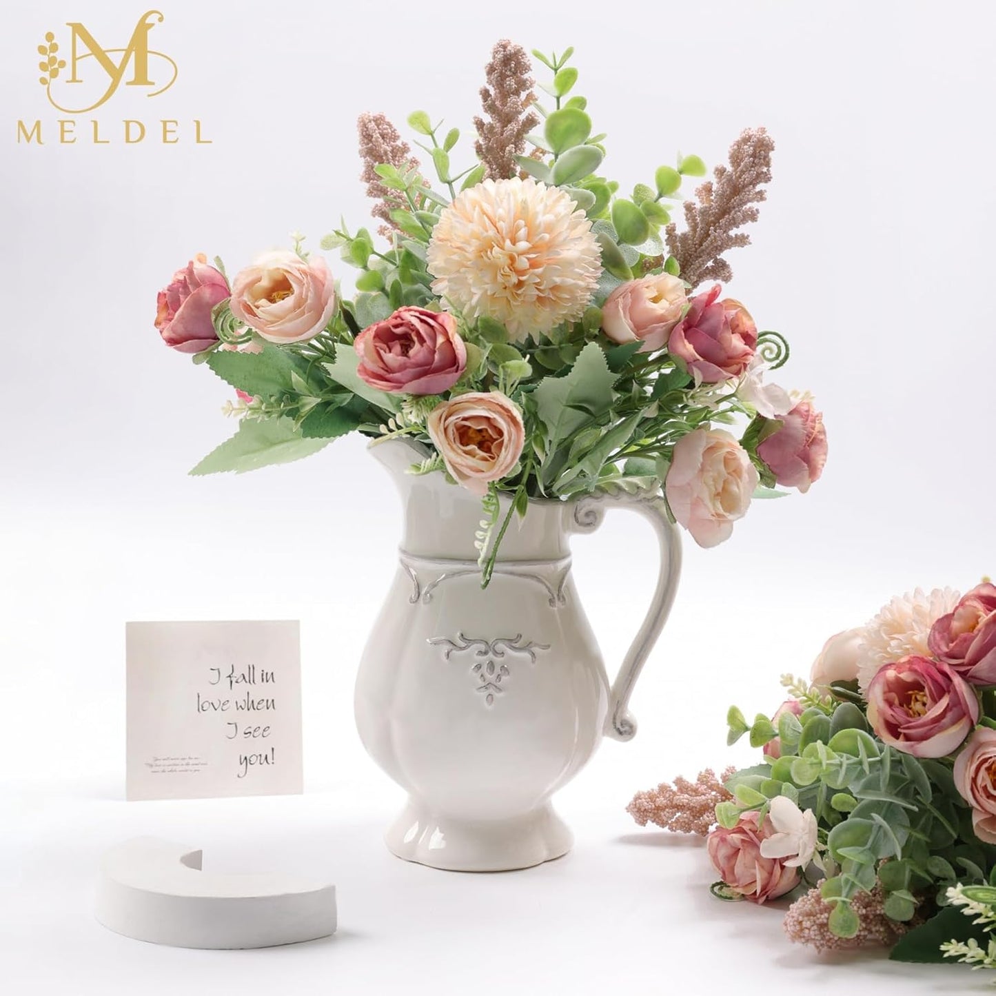 Meldel 3Pcs Rose Bouquet Pink Artificial Flowers Eucalyptus Plants Fake Silk Flower Arrangements Wedding Bouquets Decorations Plastic Floral Table Centerpieces for Home Kitchen Garden Party Decor