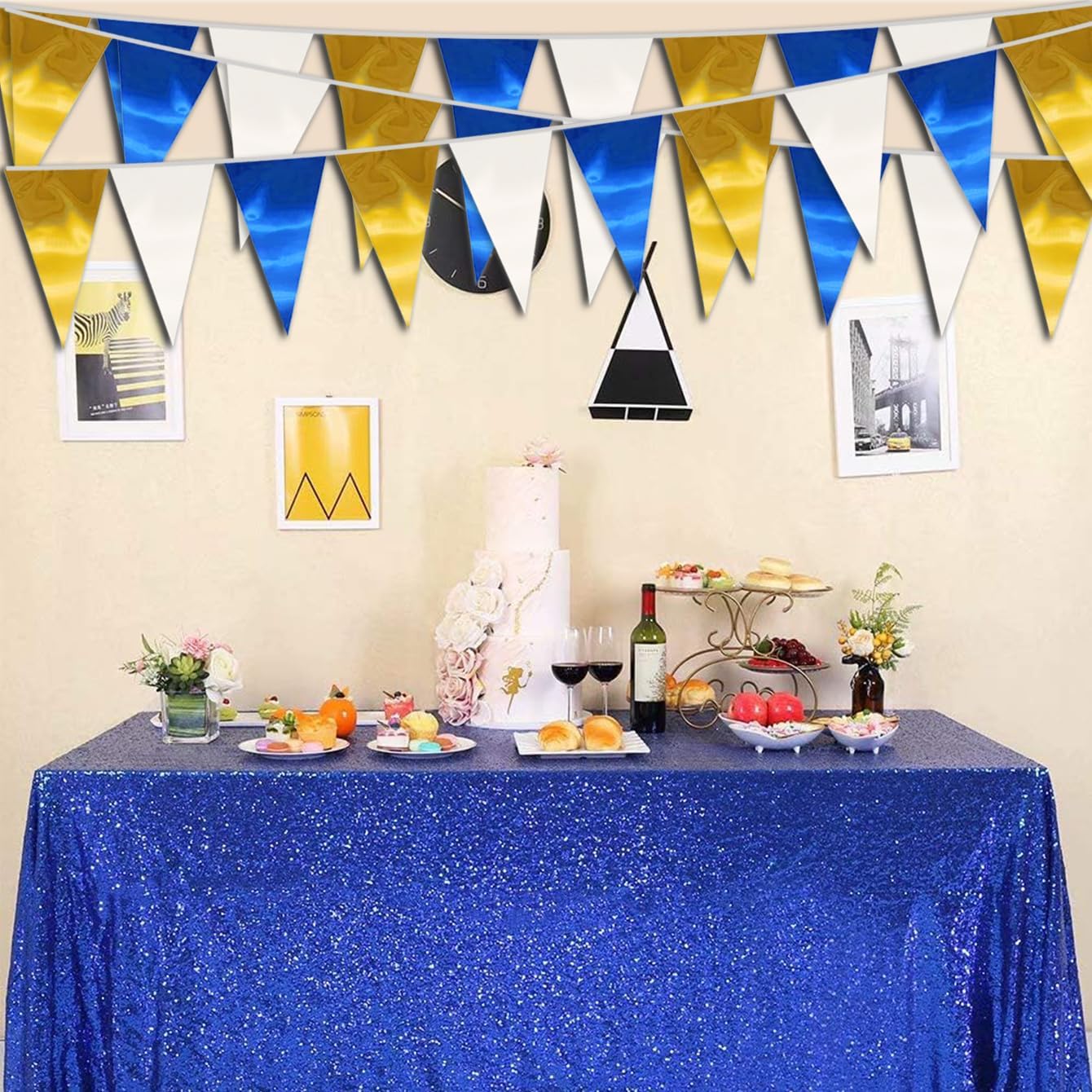 65FT Navy-Blue White Gold Triangle Pennant Banner Flag Metallic Fabric Bunting Garland for Christmas Graduation Retirement Birthday Wedding Bridal Shower Nautical Ahoy Achor Party Decorations Supplies