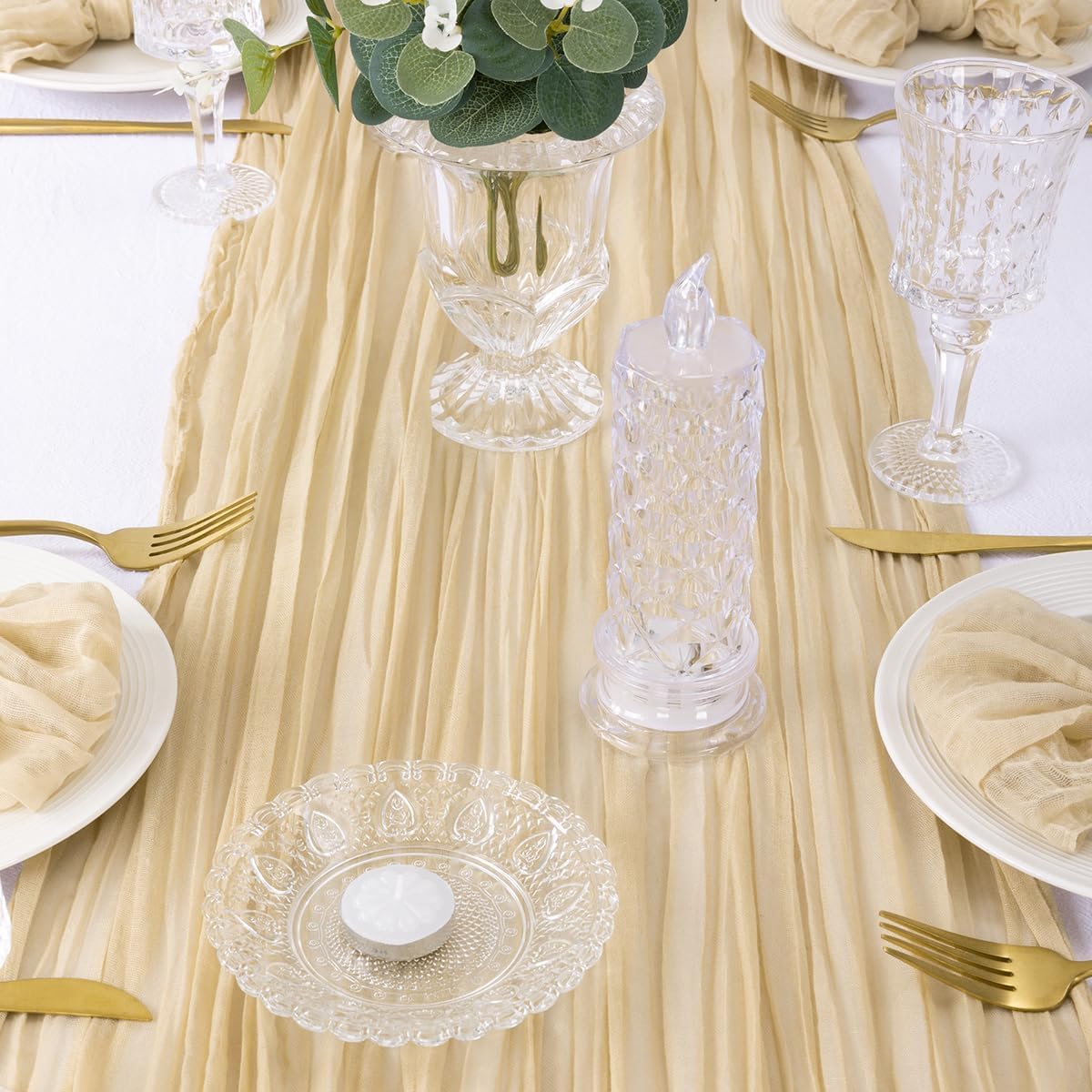 12Pcs Shallow Khaki Cheesecloth Table Runner 120 Inch10FT Champagne Rustic Boho Cheesecloth Table Runnerfor Wedding Party Baby Shower Birthday Home Decor Holiday Decorations