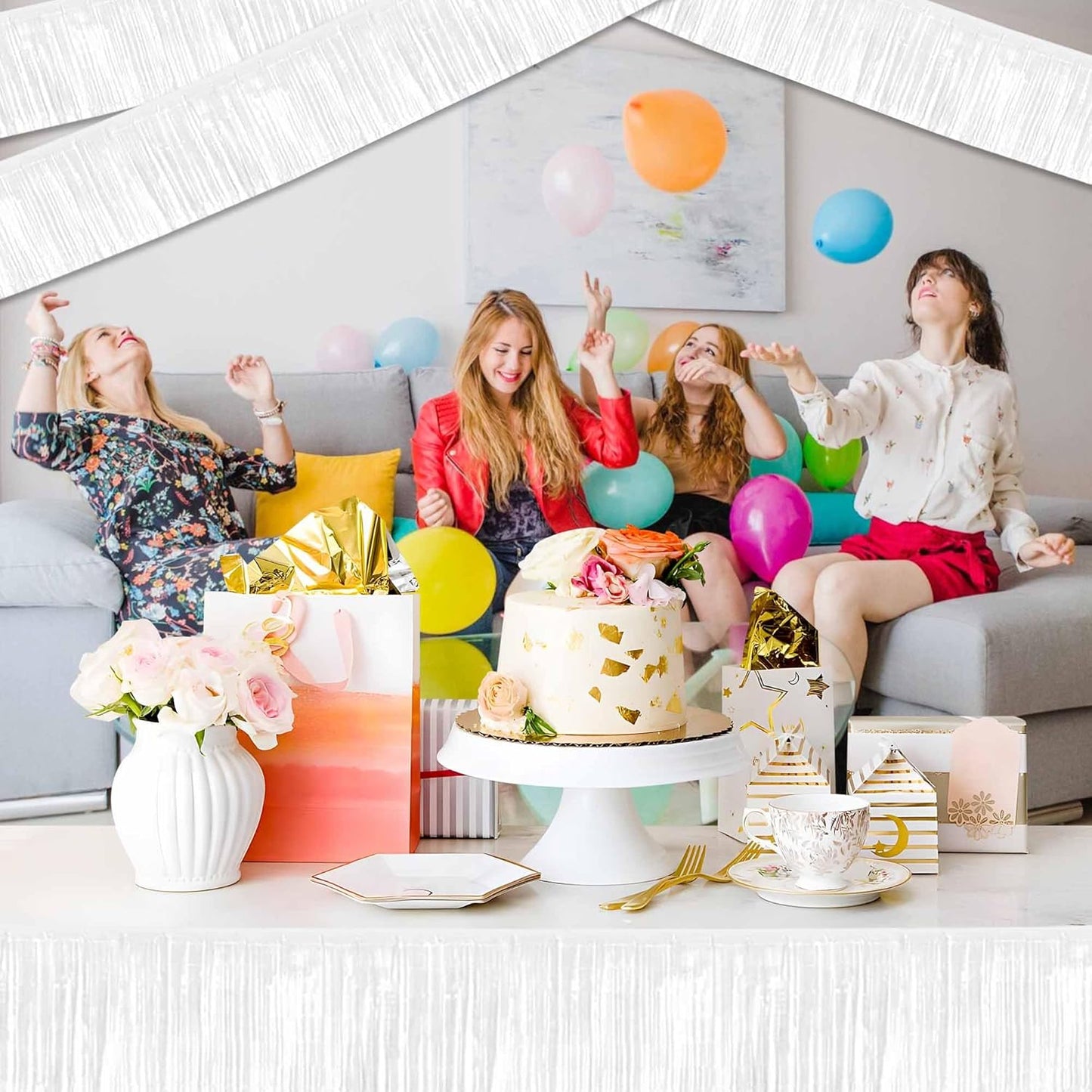 4 Pack 10 Ft Macaron White Foil Fringe Garland Metallic Streamers Tinsel Banner Wall Hanging Garland Backdrop for Parade Floats, Halloween, Christmas, Thanksgiving, New Year Party Decorations