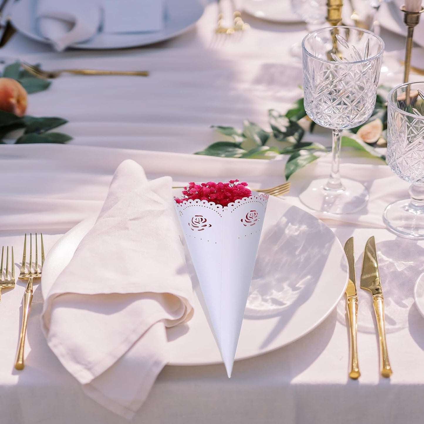 PATIKIL Wedding Confetti Cones, 50 Pcs Paper Tapers Hollow Print Lace Cone Bouquet for Party Candy Gift Boxes Chocolate Bags Buffet Bachelor Party Petals, White