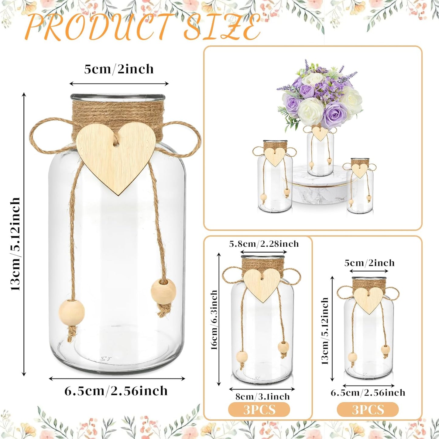 Vintage Glass Vases for Flowers, Set of 3 Mason Jar Vase Table Centerpieces for Farmhouse Room Decor, Wedding, Bridal Shower Bud Vase Set (Small)