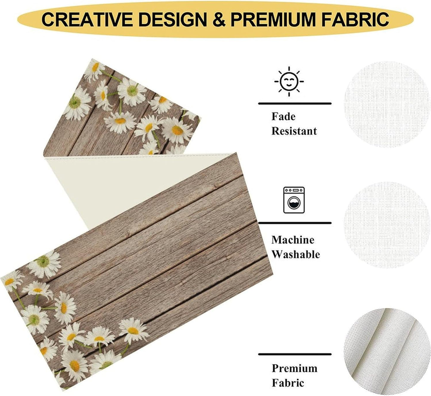 Farmhouse Floral Table Runner, Spring Seasonal Daisy Flower Retro Wooden Country Table Center Decor for Home Kitchen Dining Patio Holiday Party Indoor Outdoor Table Decorations, 13"x72" Inch