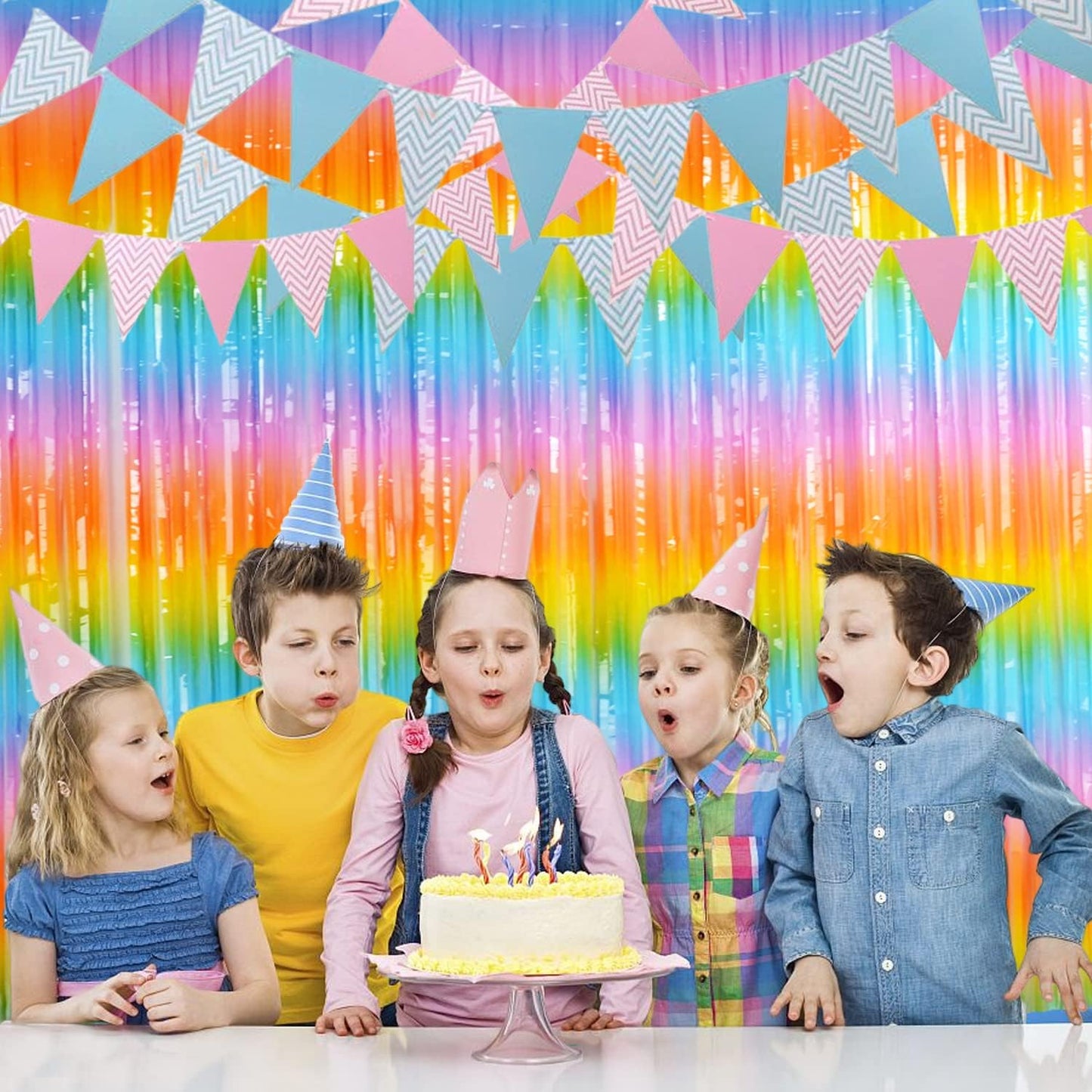 BRAVESHINE Colourful Tinsel Foil Fringe Curtains - 2Pcs 3.2x8.2ft Holidays Photo Booths Party Streamers Backdrop for Easter Princess Pastel Unicorn Birthdays Christmas Bridal Shower Party Decorations