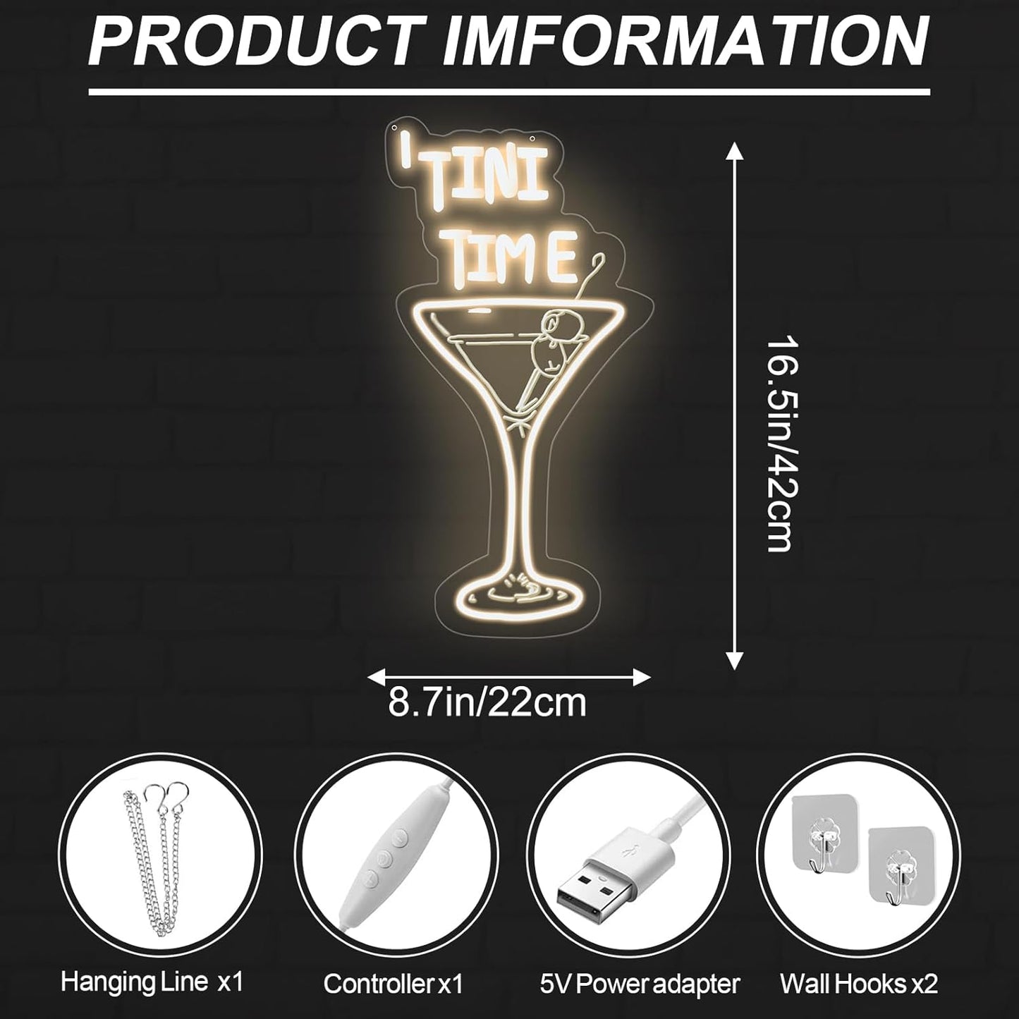 Tini Time Neon Sign, Martini LED Neon Sign for Bars, Elegant Cocktail Glass Neon, Martini Cocktail Bar Wall Decor, Bar Wall Art, Pub neon, 16.5"x8.7", Warm White