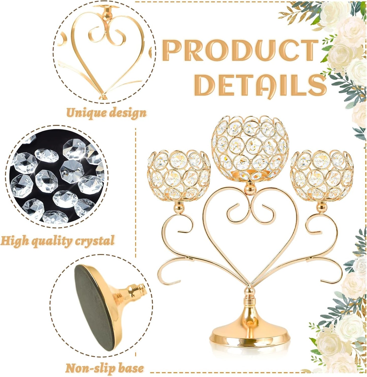 2 Pcs 3-Arm Heart Tea Light Candle Holder - Crystal & Metal Wedding Centerpiece Decor, Sparkling Table Decor for Anniversaries/Romantic Tabletop Home/Dinner Party/Events (2, Gold)