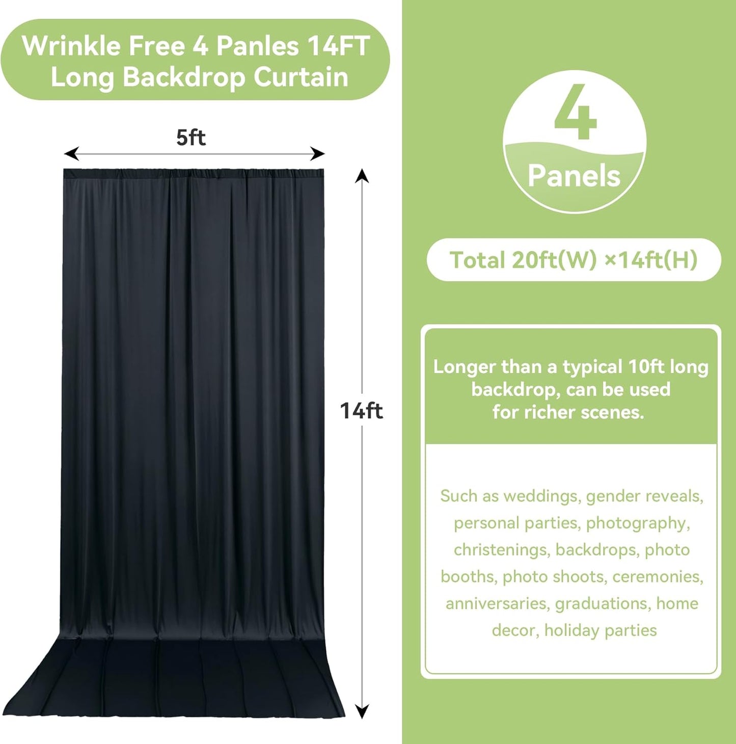 20ftx14FT Wrinkle Free Black Backdrop Curtain, 4 Panels 14FT Height Black Wedding Backdrop Drapes, Silky Polyester Back Drop Cloth for Birthday Photography Background Party Backdrop Draping