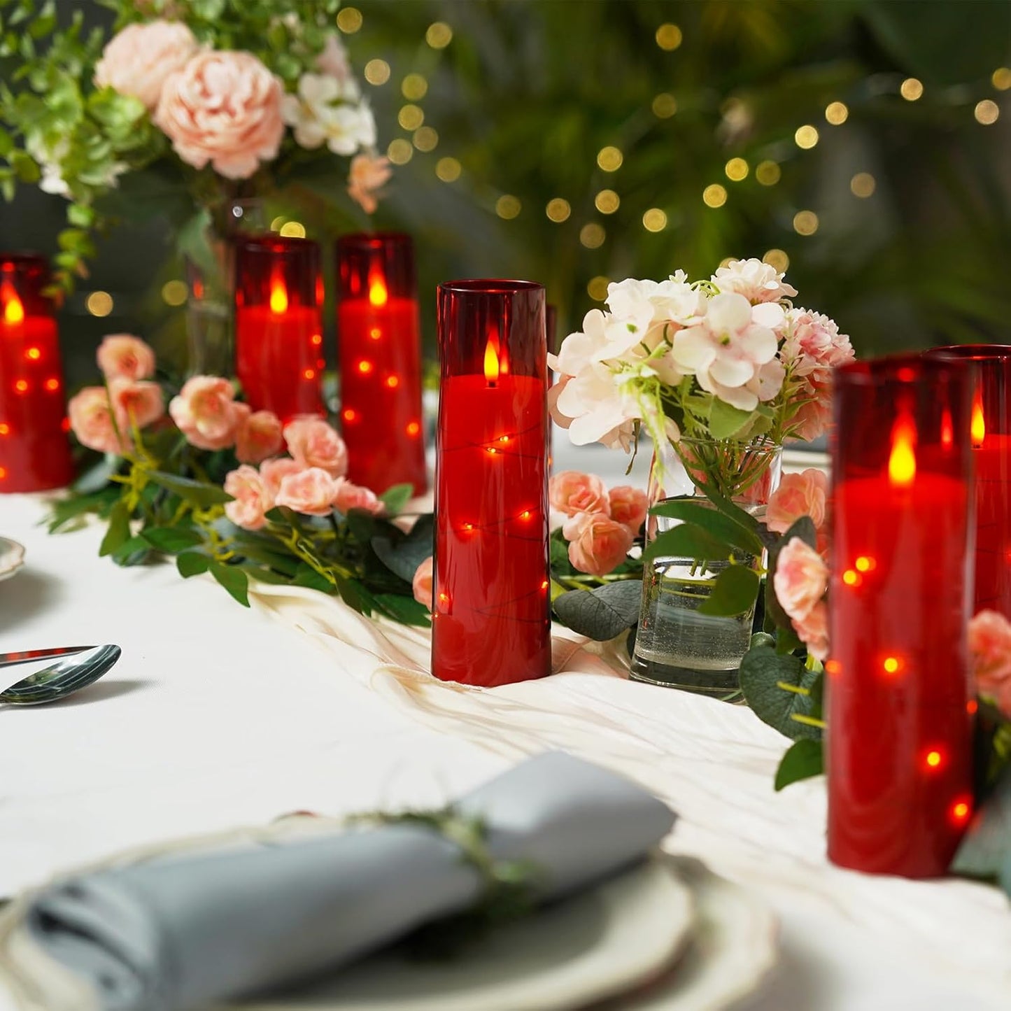 Raycare Flameless Candle with Remote Timer – 9 Flickering Acrylic Battery Operated LED Pillar Candles with Embedded Star String for Halloween, Home Decor, and as a Gift (Red)