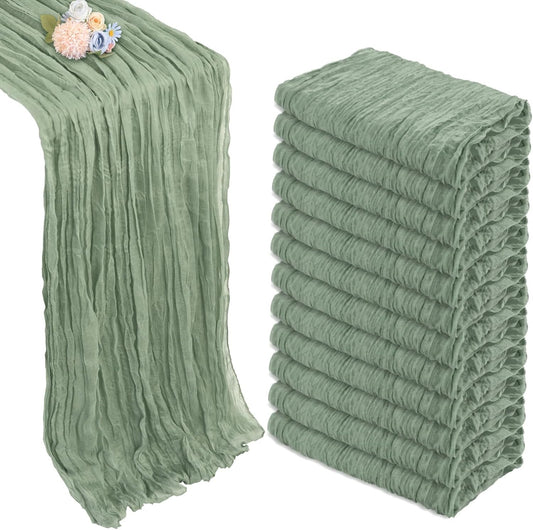 12 Pack Sage Green Cheesecloth Table Runner 10ft Boho Gauze Fabric Cheese Cloth Table Runner 35 x 120 Inch Rustic Sheer for Romantic Wedding Decor Baby Shower Party Table Centerpiece Decoration