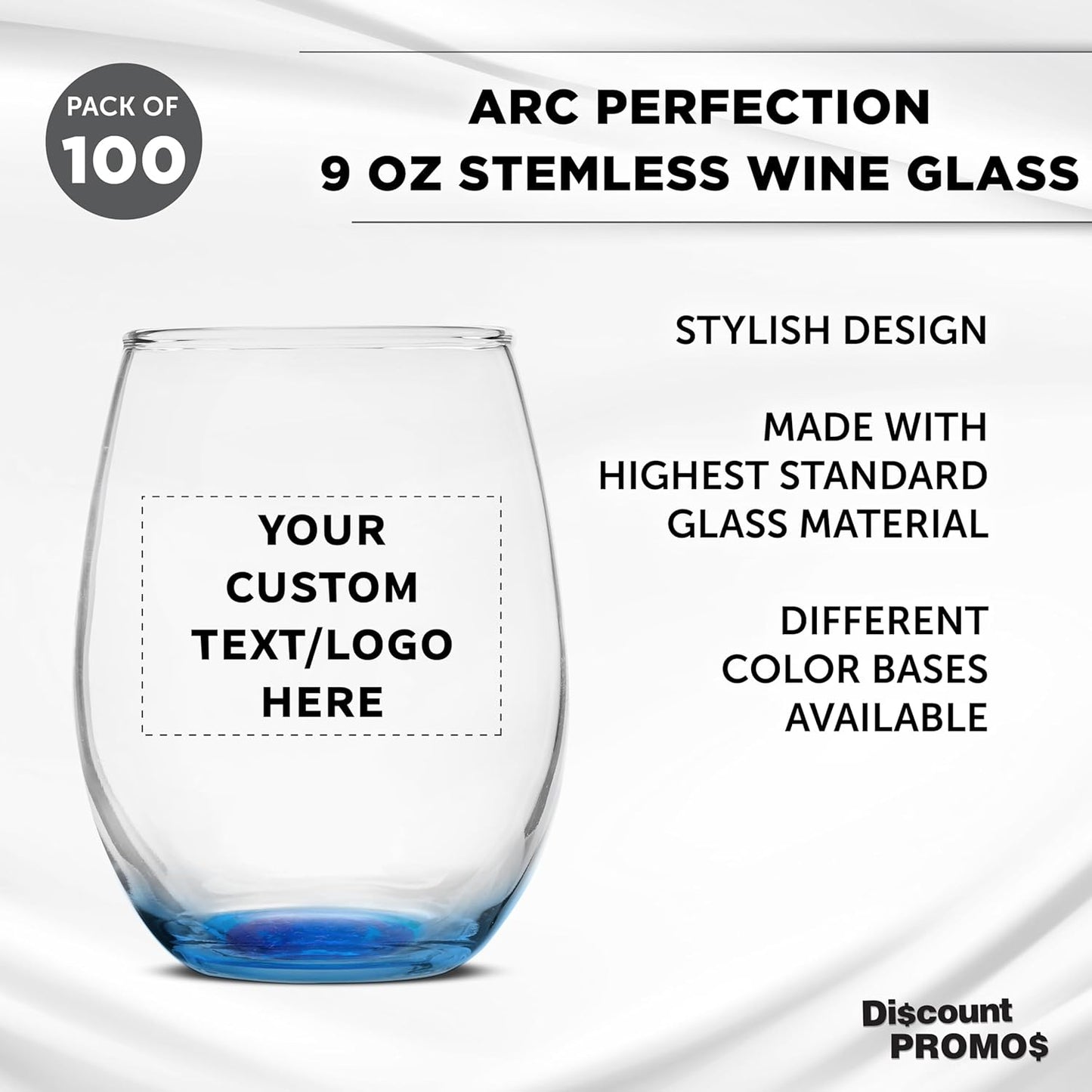 Custom Stemless Wine Glass 9 oz. Set of 100, Personalized Bulk Pack - Great for Wedding Favors, Bachelorette Party Decorations, Party Favors, Color Bottom - Blue