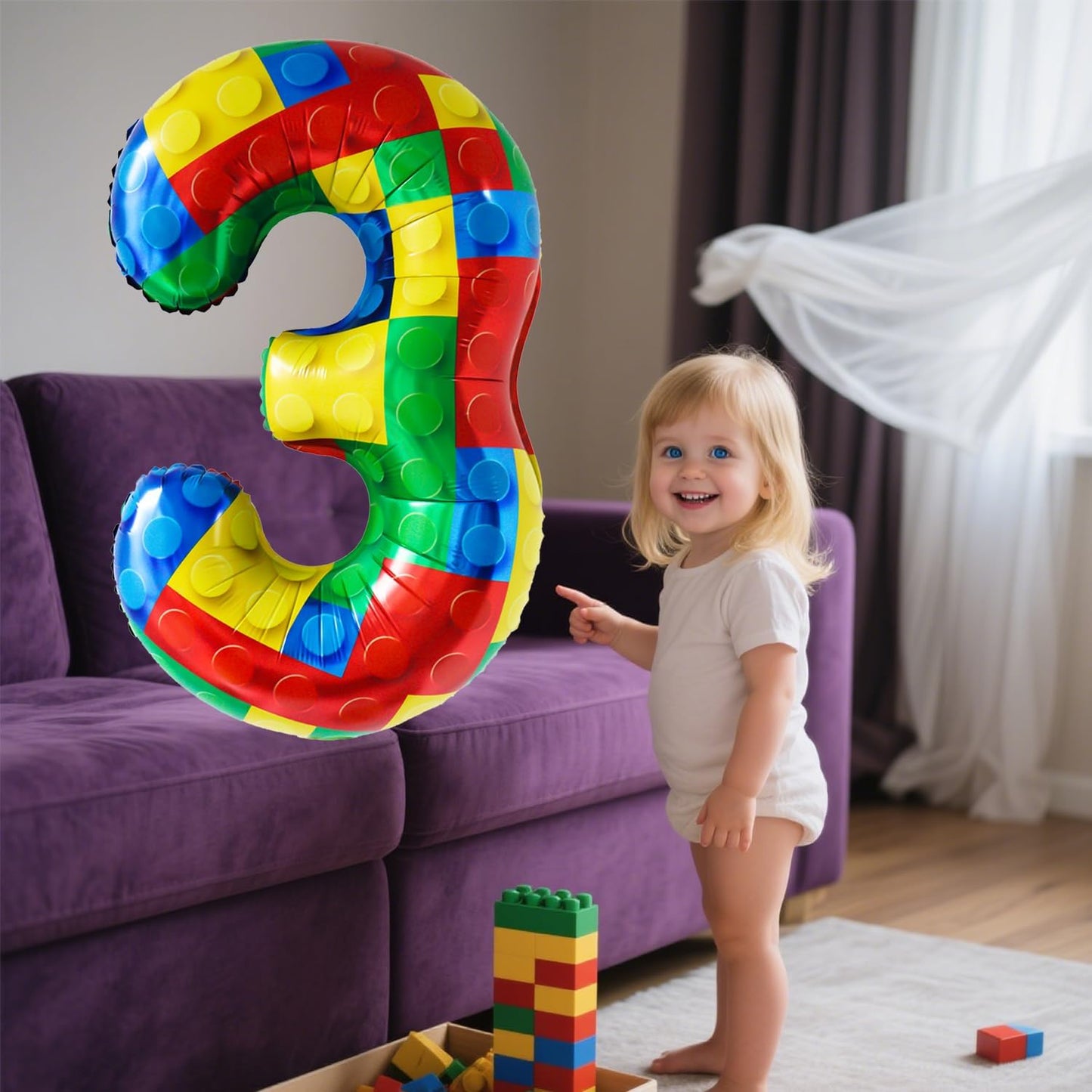 32 Inch Stackable Block Number 3 Balloon – Colorful Brick Building Themed Big Helium Digits for Kids Birthday Party Decorations (Building Block, Number 3)