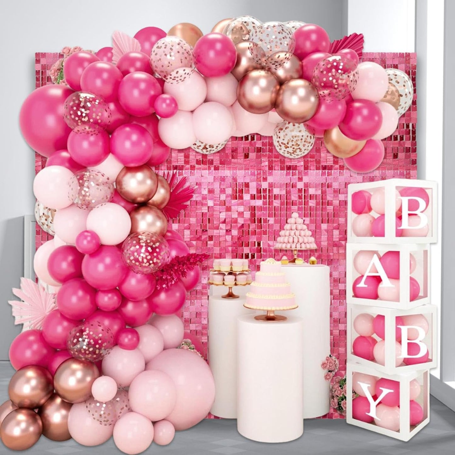 24PCS Deep Pink Shimmer Wall Backdrop, Laser Square Sequin Photo Backdrops Panel, Glitter Wall Background for Birthdays, Weddings, Christmas, Engagements, Disco Bachelorette Party Decor (4FTx6FT)