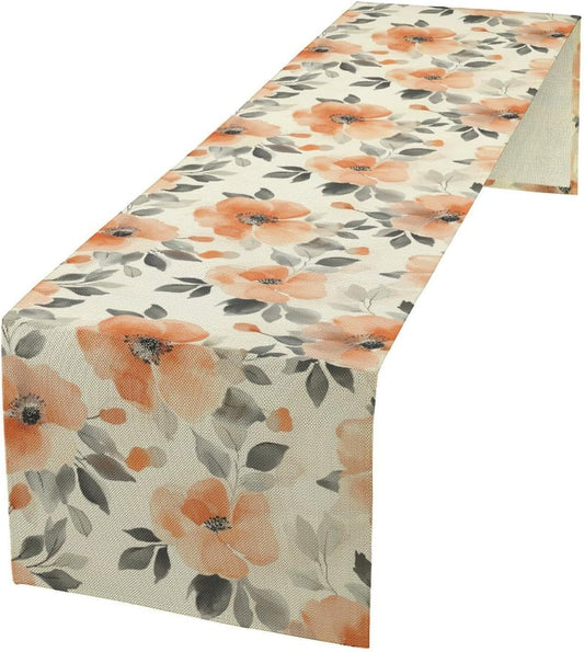 Floral Fall Table Runner, Rustic Watercolor Orange Flowers Seasonal Summer Autumn Table Runner for Kitchen Dinning Table Runner Decor Home Wedding Party Holiday, 13x120 Inch