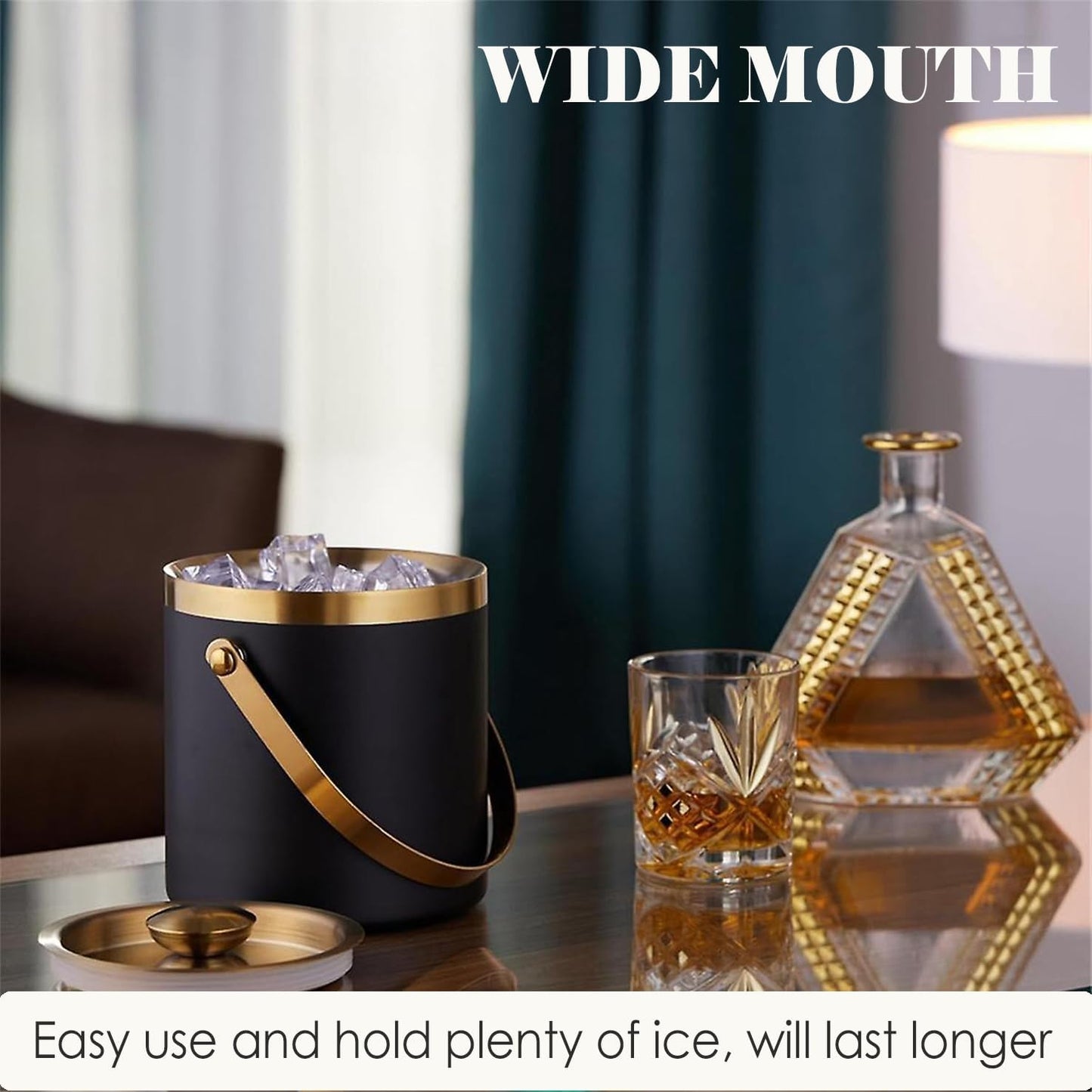 Insulated Ice Bucket with Lid, Handle and Tong Black Gold Stainless Steel Champagne Bucket for Party 3L Bar Cart Accessories Keep Drinks Chilled