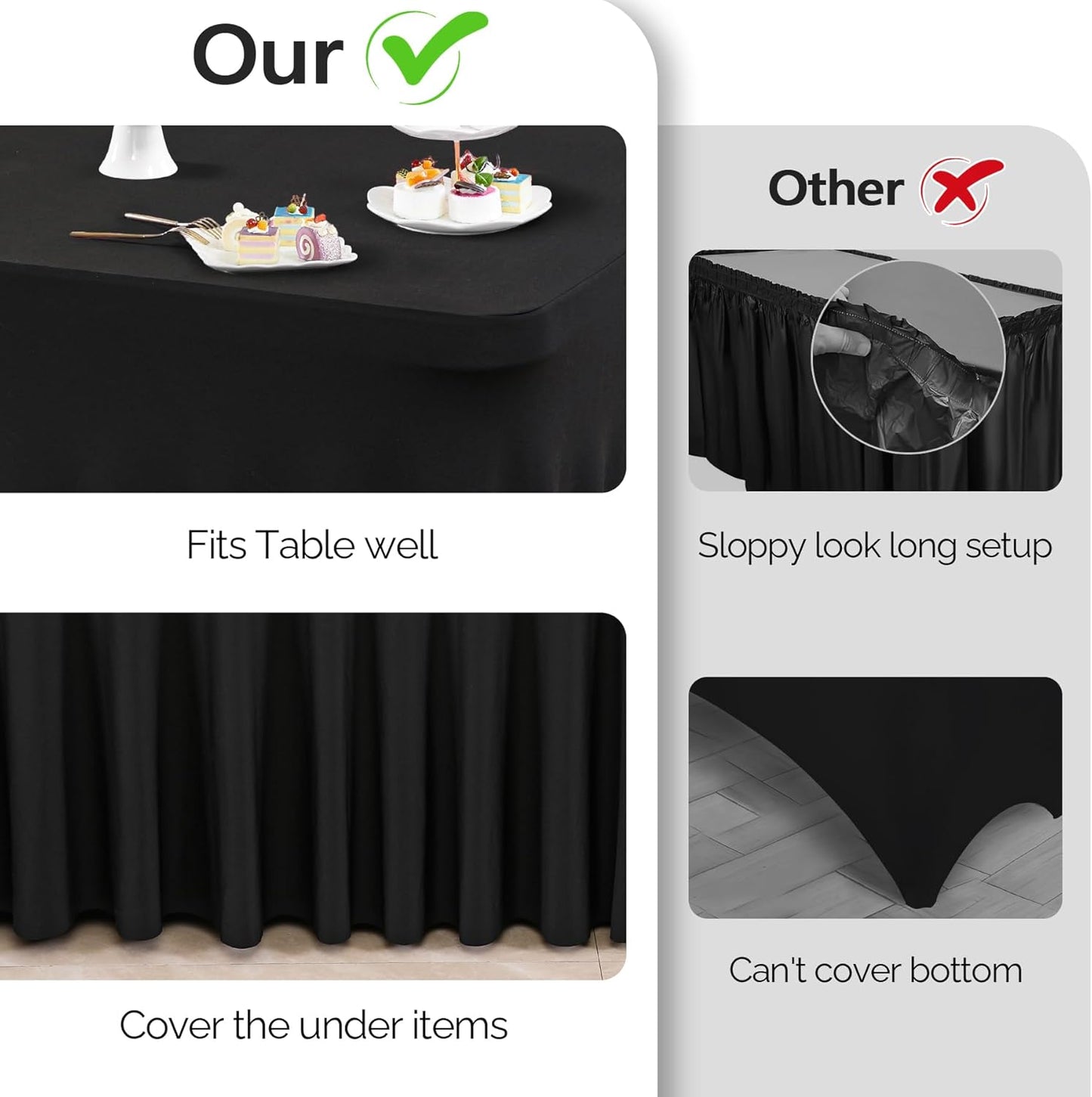 Wish Care 2 Pack Black Spandex Table Cloths for Rectangle Tables 8ft - One-Piece Wrinkle Free Fitted Table Cover 8 Foot Stretch Tablecloths for Party, Banquet, Wedding and Events