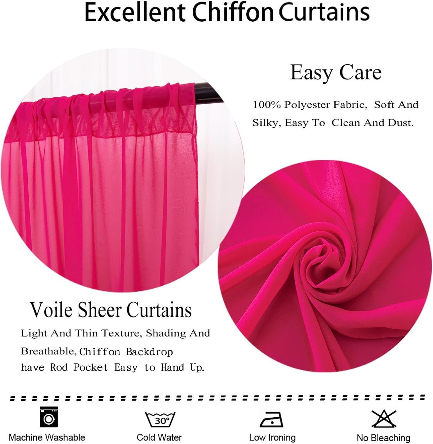 DUOBAO Hot Pink Chiffon Curtains 2 Panels 58 Inch (150cm Wide) by 120 Inches (300cm Long) Fuchsia Wedding Sheer Backdrop Drapes Beach Drape for Living Room Voile Window Curtain (5FTx10FT)
