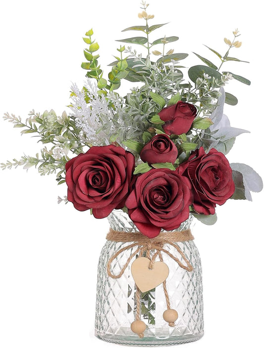 Faux Flowers with Vase,Artificial Silk Roses in Vase, Fake Plant Eucalyptus Flower Arrangement for Home Office Farmhouse Bathroom Dining Table Centerpiece Decorations Coffee Table Decor (Burgundy)