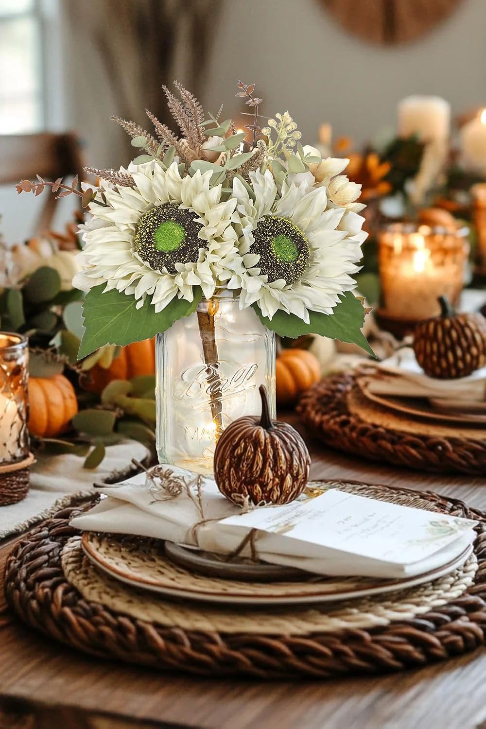 Silk Sunflowers Artificial Flowers with Mason Jar Centerpiece for Table White Fall Flowers in Vase Small Fall Floral Arrangement with Vase Thanksgiving Centerpiece for Dining Room Table Autumn Decor