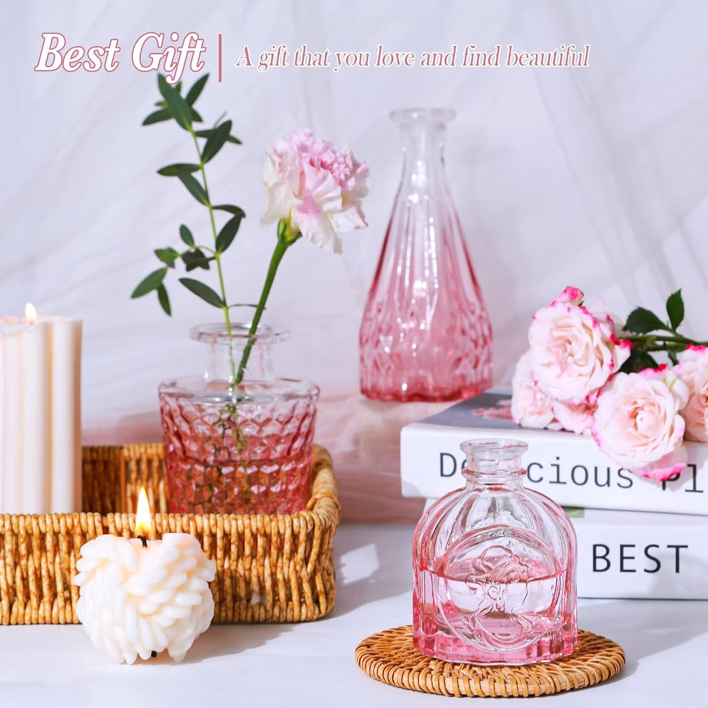 Pink Glass Bud Vases Set of 5, Mini Flower Vase for Centerpieces, Small Clear Vases in Bulk for Wedding Decorations, Vintage Vase for Table, Home Décor