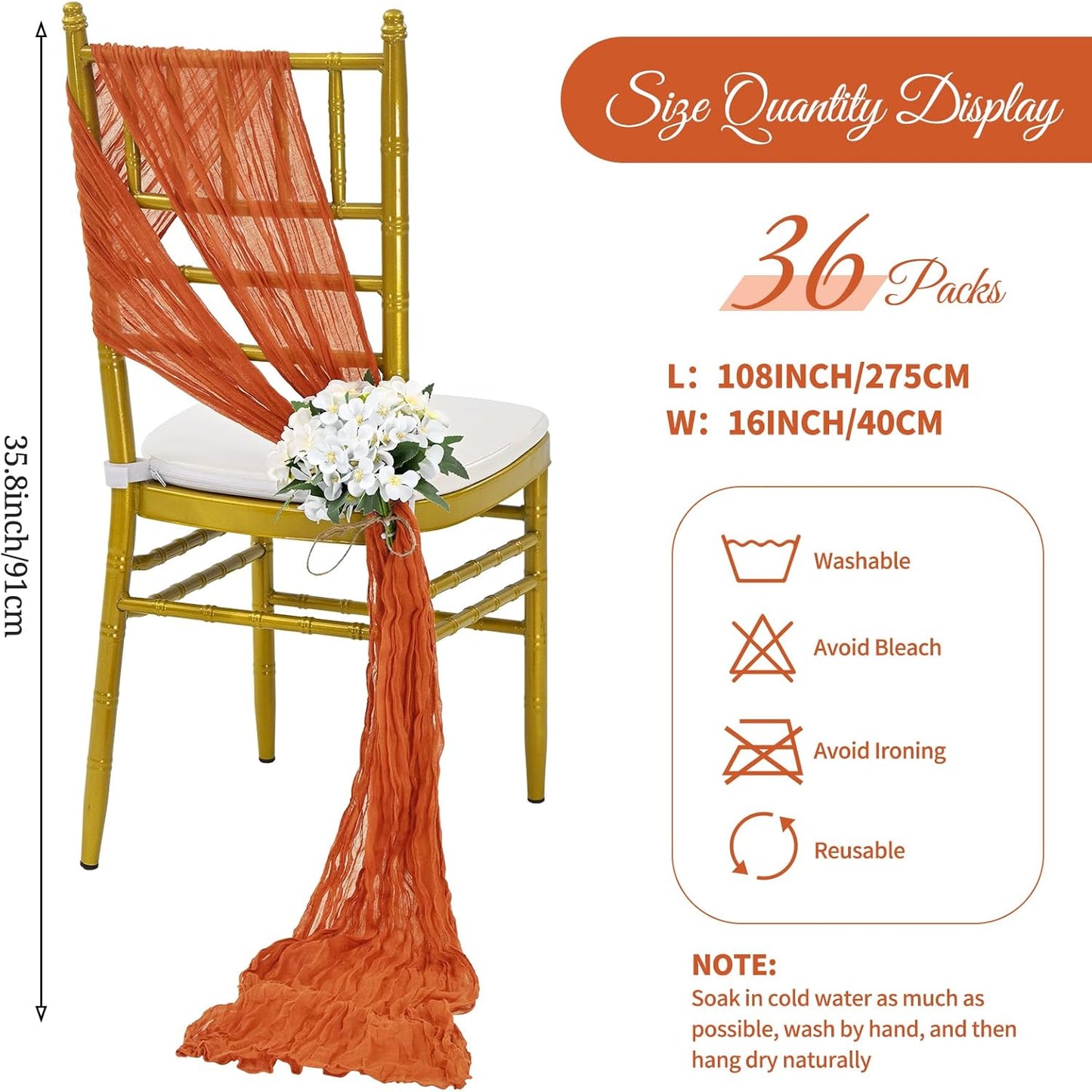 36 Pcs Burnt Orange Cheesecloth Chair Sashes, 16 x 108 inch Gauze Fabric Washable Chair Sashes Bows Designed for Aisle Decorations Universal Chair Cover Decor for Wedding Reception Party Banquet
