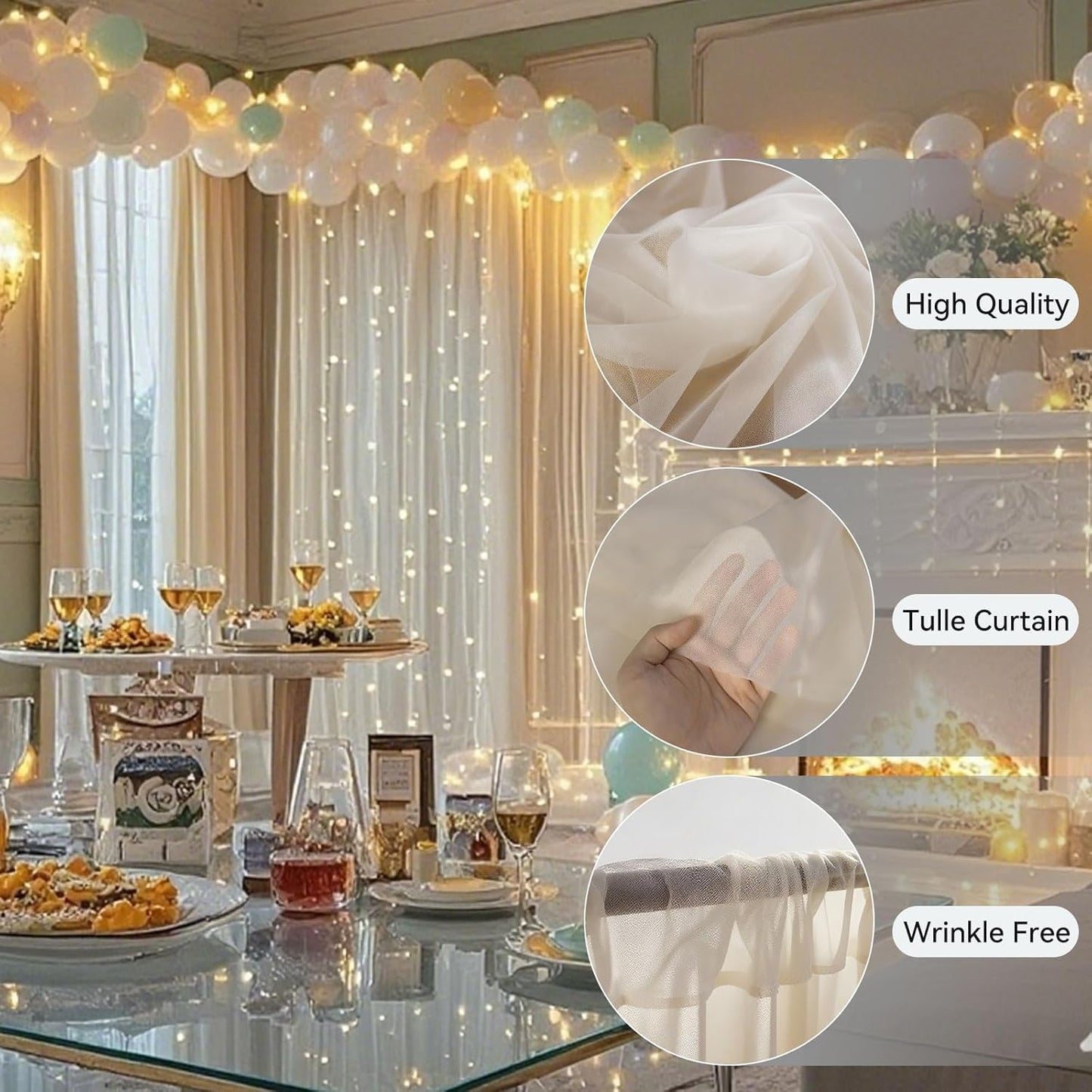 10×8ft Tulle Backdrop Curtains with Lights String - 300LED Fairy Lights Sheer Curtain Backdrop for Weddings Baby Shower and Birthday Party Decorations(2 Panels 5×8ft)