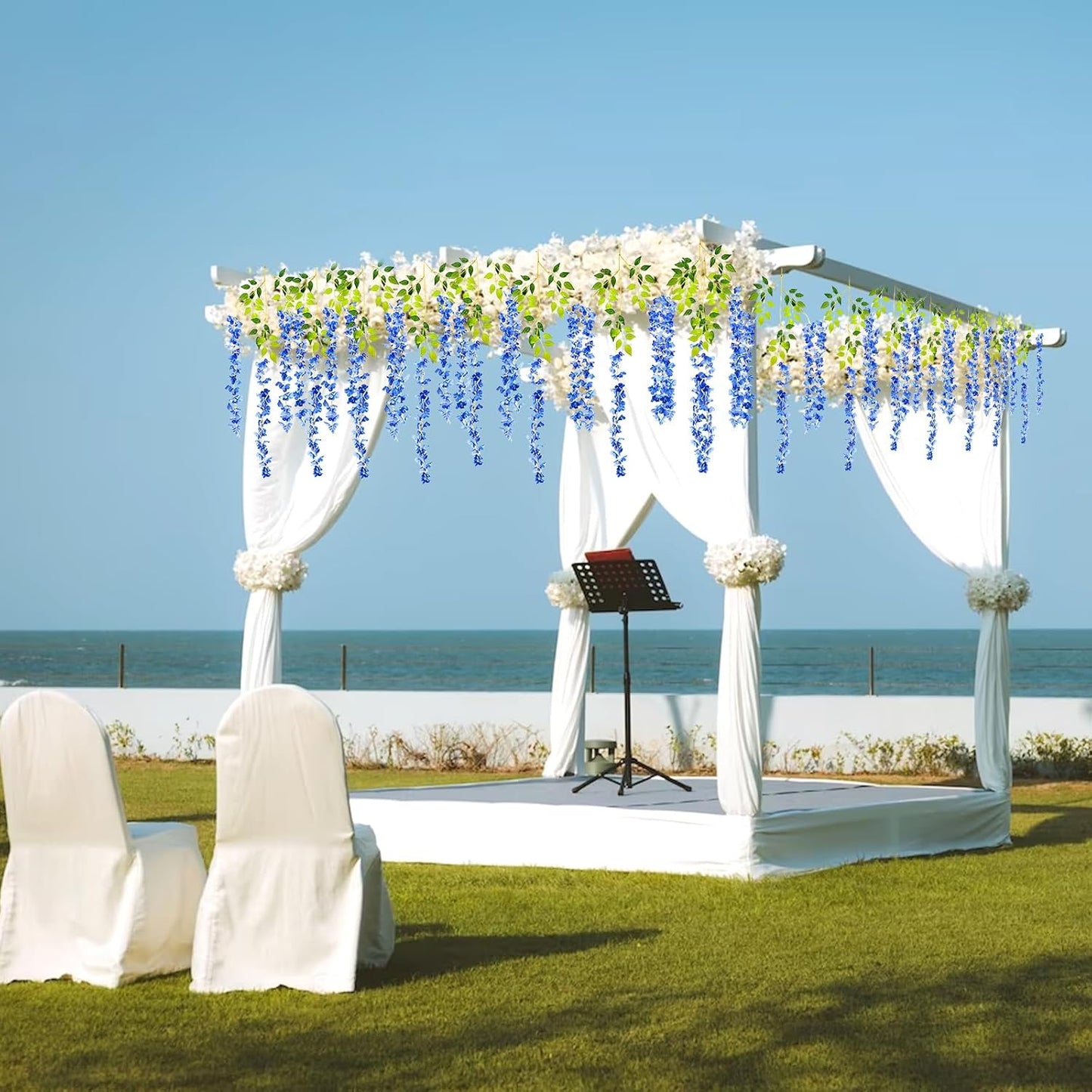 24 Pack Royal Blue Wisteria Hanging Flowers Garland, 3.77 Feet Artificial Flower Vines, Fake Wisteria, Artificial Vines Hanging Garland for Backdrop Outdoor Yard Garden Decor