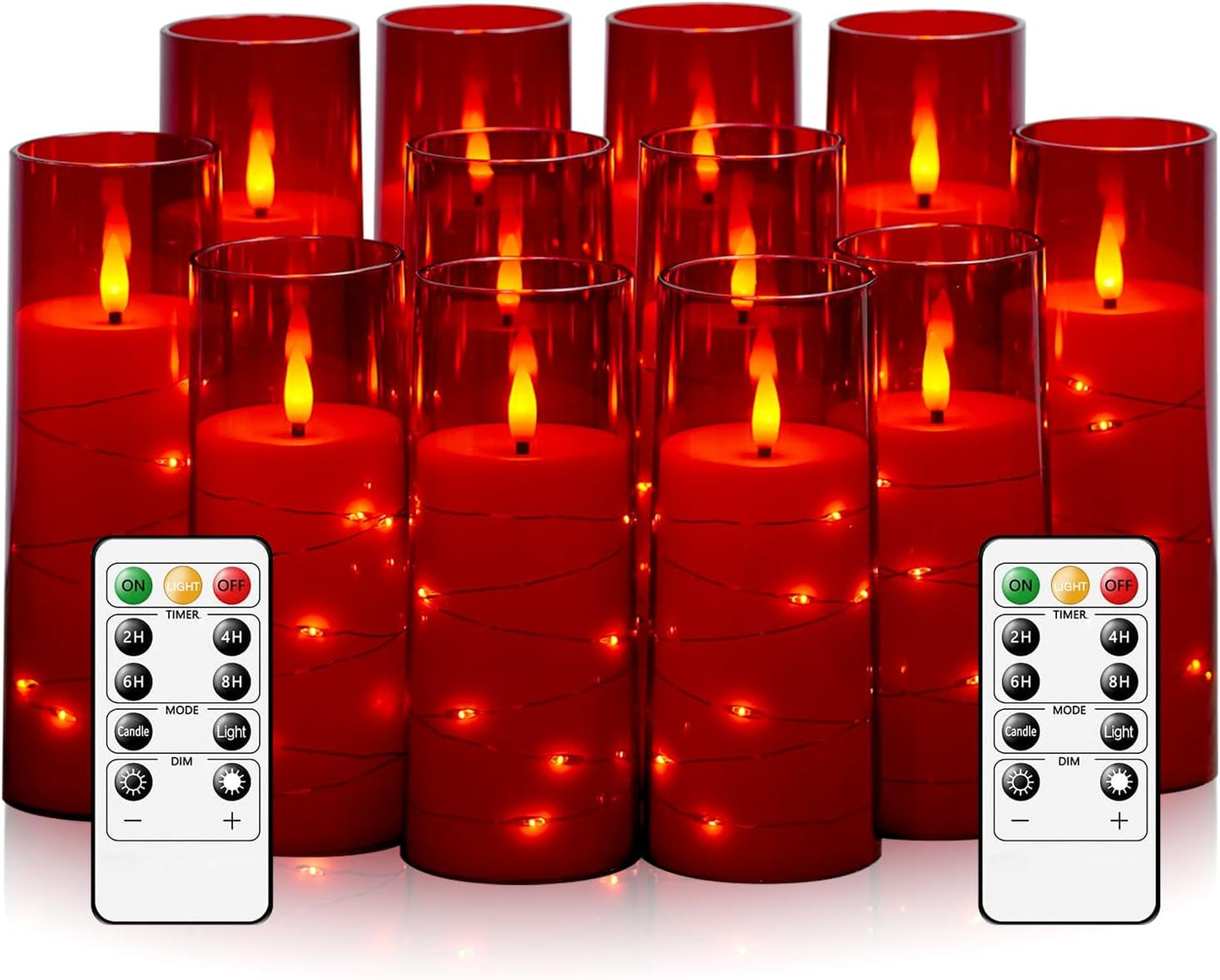 Flameless Candles with Embedded Star String - Battery Operated LED Candles, with Remote,12 Red Flickering Candles for Christmas, Weddings, Home Decor & Party,(D 2.3"×H 5" 6" 7")