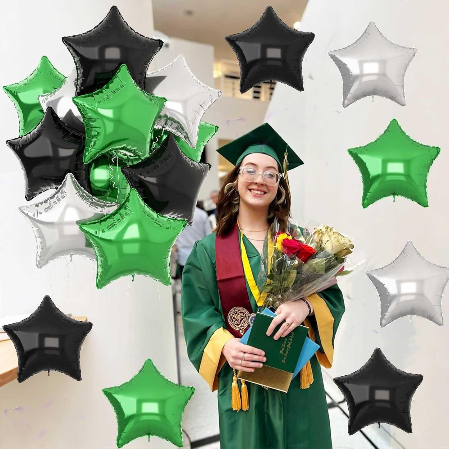 Green Black Star Balloons, 18Inch Balck Olive and Silver Stars Shape Foil Balloons Helium, 12Pcs Green Pentagram Mylar Party Decoration for Boy Men Birthday Graduation Video Games Soccer Party Supplie