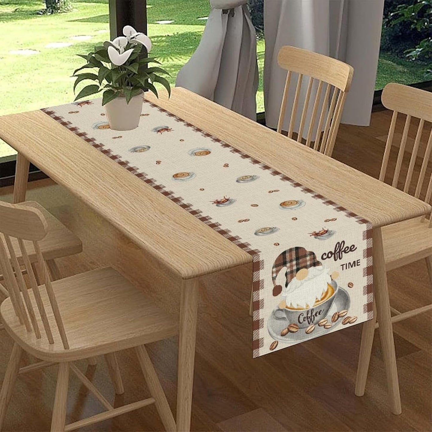 Coffee Time Table Runner, Farmhouse Retro Gnome Coffee Cup Tea Party Cafe Table Center Decor for Home Kitchen Dining Patio Holiday Party Indoor Outdoor Table Decorations,13"x108" Inch