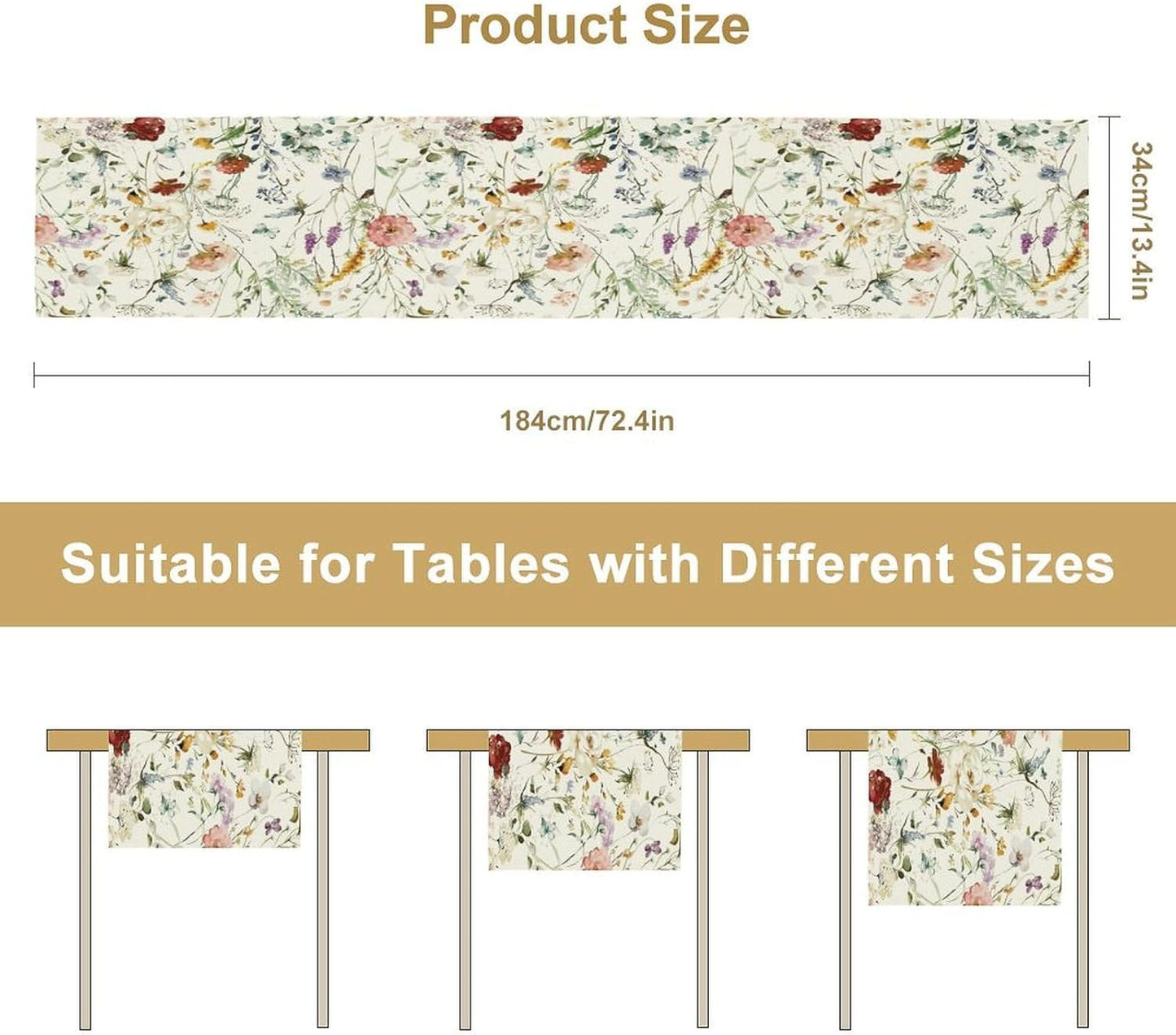 Floral Butterfly Table Runner,Rustic Colorful Flower Botanical Watercolor Pattern Print Burlap for Hotel Indoors Outdoor Dining Room Kitchen Holiday Party, 13x108in