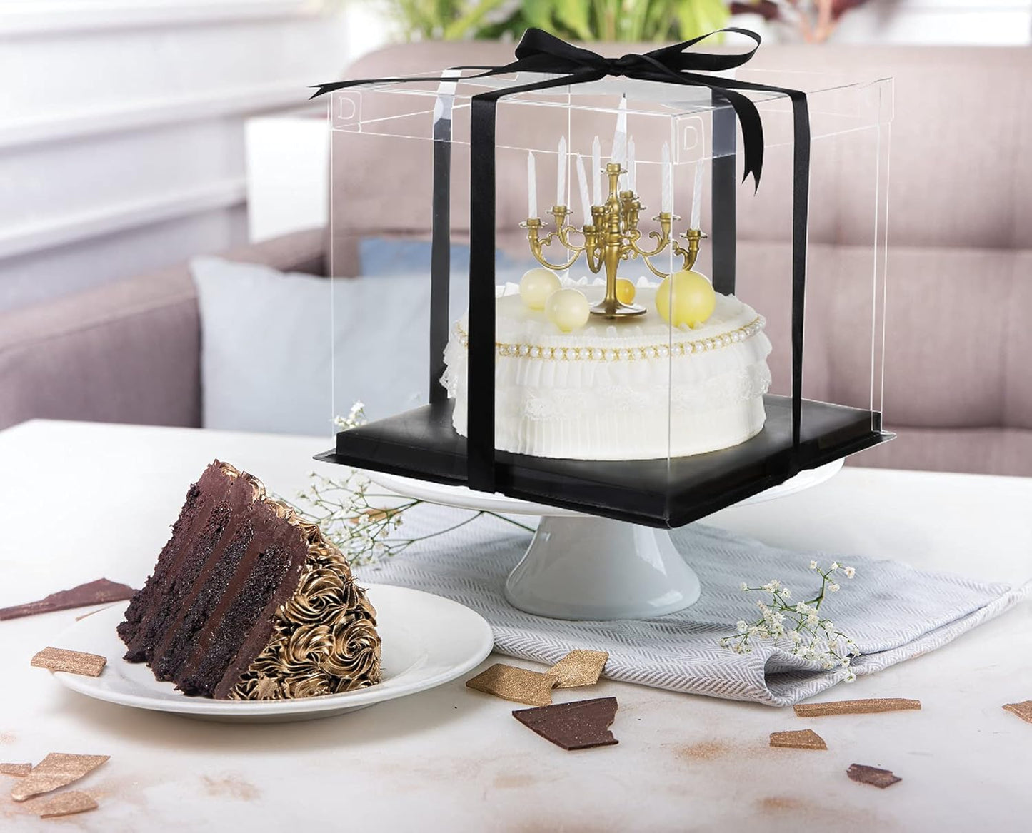 XININSUN 6inch Clear tall cake Box with Ribbon, 8 X 8 X 9inch for Bakery Boxes Clear Gift Boxes,ideal for wedding birthday party and gift display-Black
